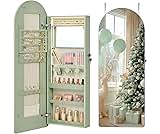 SONGMICS Wide Jewelry Organizer, LED Jewelry Cabinet Wall/Door Mounted, Arched Mirror with Storage, Lockable, Rounded Corner, Interior Mirror, Christmas Gift, Laurel Green UJJC020C01S