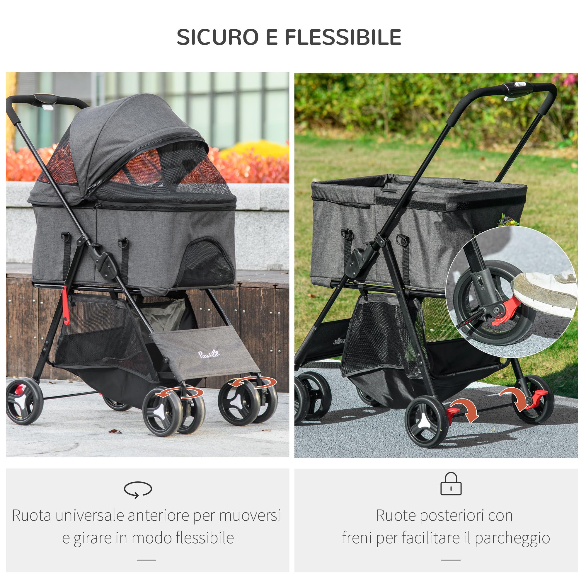 PawHut Passeggino per Cani 3 in 1, Cesta Rimovibile e Trasportino, Passeggino per Animali con Guinzaglio, Cuscino, Cestino e Tettuccio, Grigio