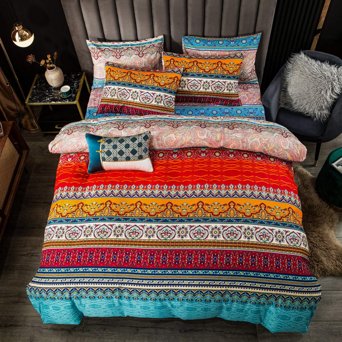 Homewish Set di biancheria da letto con copripiumino bohémien per letto matrimoniale, motivo floreale colorato e a righe boho, biancheria da letto ultra morbida in microfibra, copripiumino