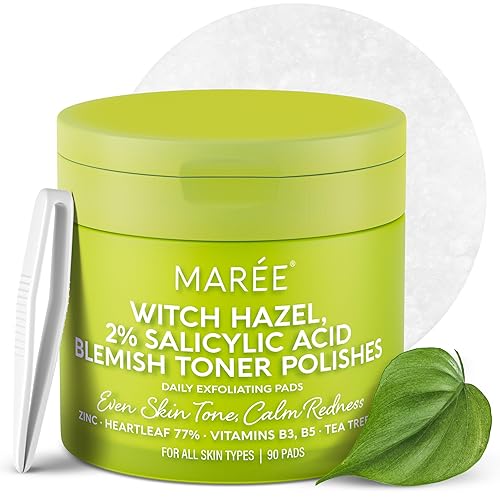 Miniatura 9 de MAREE Esmalte facial  Almohadillas de ácido glicólico para cara con aceite de árbol de té  Esmalte exfoliante con ácido salicílico y vitaminas E,