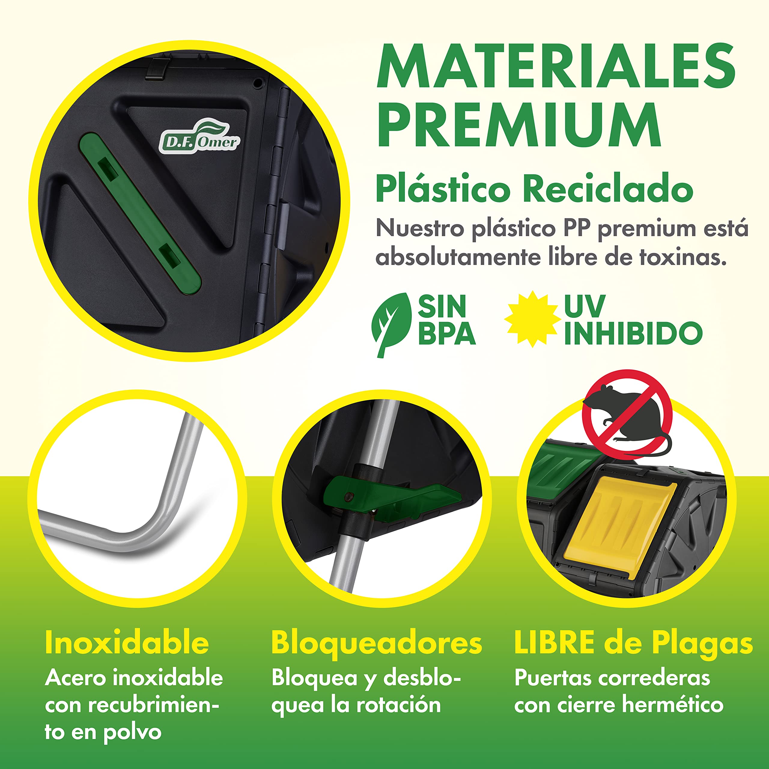 DF OMER Contenedor Doble Cámara para Abono – con Sistema Easy Turn 2 Puertas Corredizas, Marco De Acero Resistente - Sin BPA, con Protección UV (70L / 18.5 GAL)