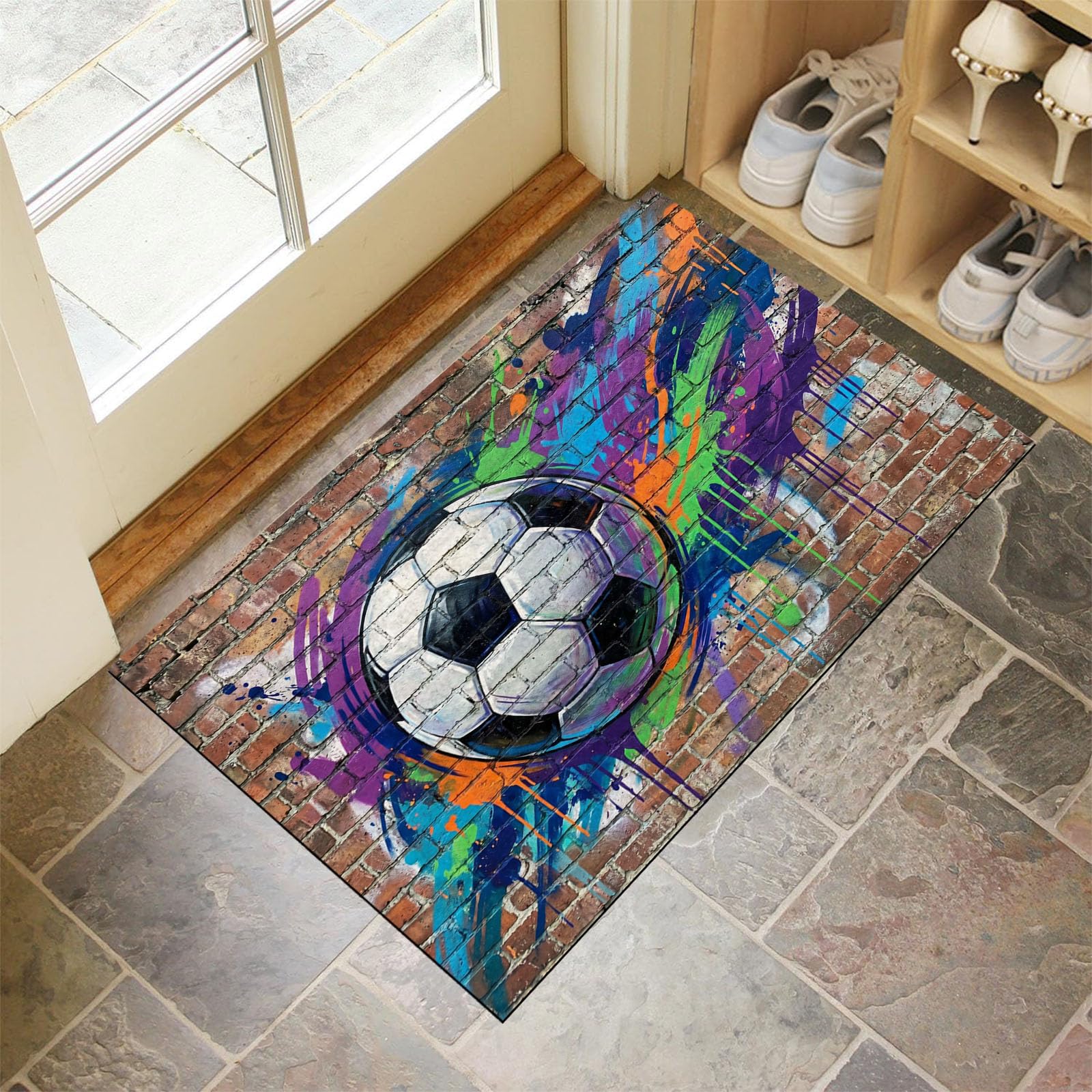 80X120Cm Zerbino Ingresso Interno Antiscivolo Assorbente, Tappeto In Microfibra Sottile Lavabile Con Graffiti Calcio Strada Muro Mattoni Tendenza Per Cucina Bagno Porta E Animali, Terracotta