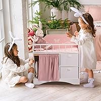 Vista 8 de Cuna de Muñeca de Bebé ROBUD, Cama de Muñeca de Madera con Almacenamiento y Ropa de Cama, Cuna de Juguete para Niños, Camas de Muñeca Rosas