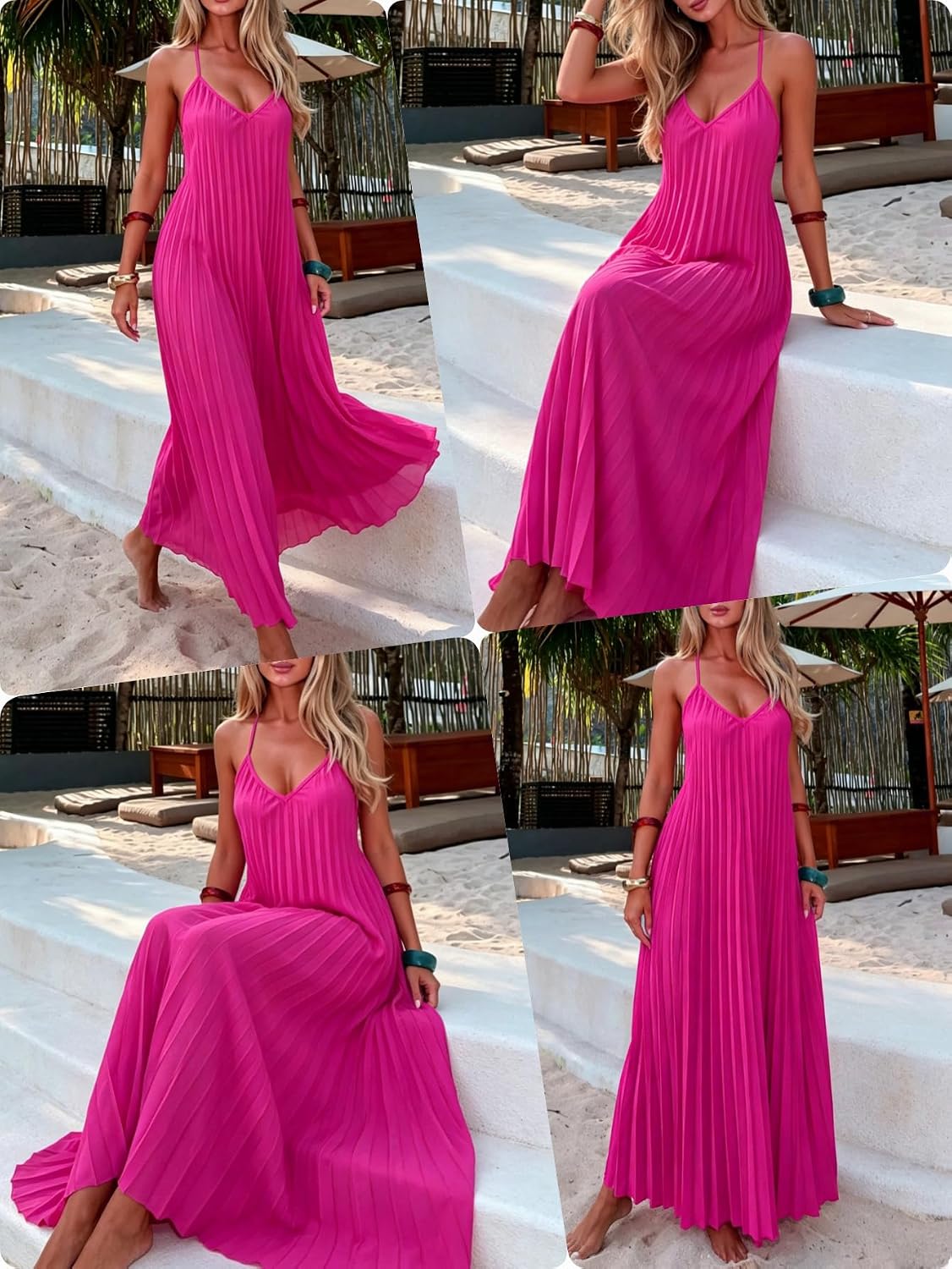 Women's Summer Casual V Neck Sleeveless Strappy Pleated Flowy Loose Maxi Long Beach Dress
