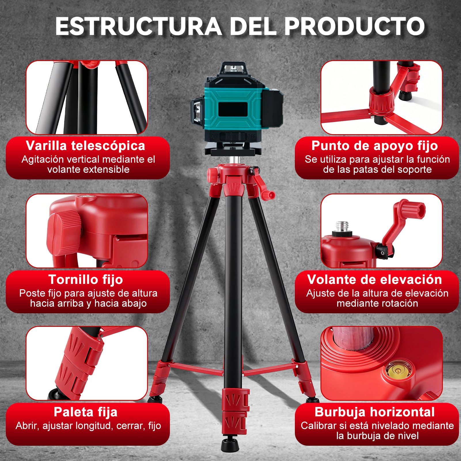 Trípode para Nivel Laser Portátil, trípode telescópico ajustable de 1,5 m, Roscas de 5/8 a 1/4 de Pulgada para Medidores Láser