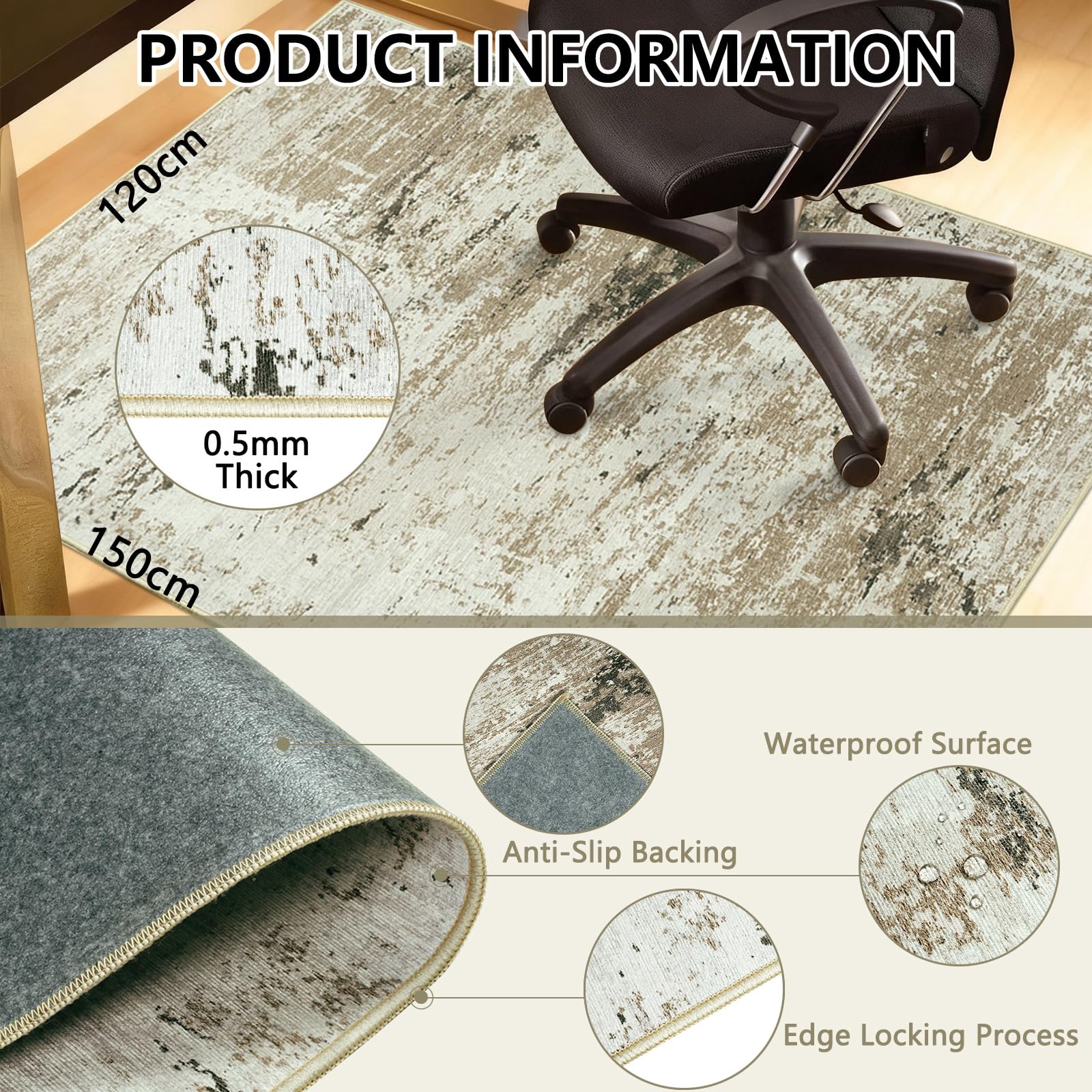 Cekene Protector Suelo Silla Ruedas 120x150cm Taupe Antideslizante Alfombra Silla Escritorio Resumen Afombra Silla Gaming Protector Suelo para Suelos Duros Silla de Oficina