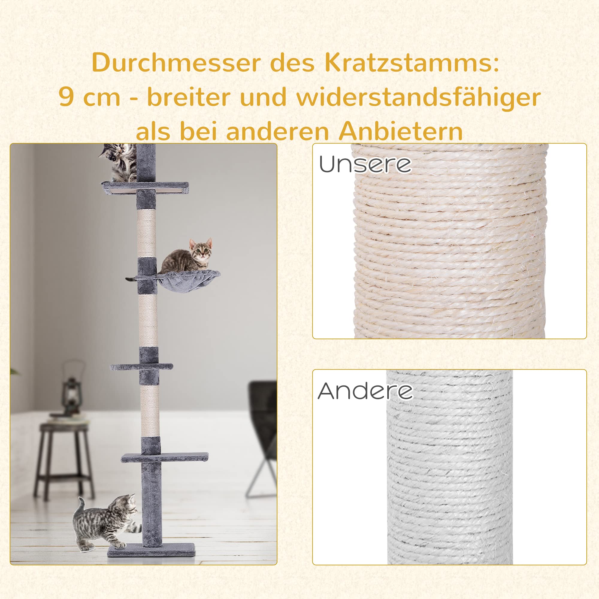PawHut Drapak do sufitu z regulacją wysokości, stabilne drzewko dla kota z kolumnami sizalowymi, drzewko do wspinaczki dla kotów, szare, 40 x 34 x 230-260 cm