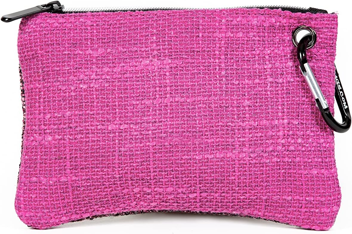 DIME BAGS Hemp Pouch, Compact Tote with Dual Zippered Compartments, Travel Wallet with Carabiner Clip & Interchangeable Patch, Coin Bag Zipline (8 inch, Magenta)