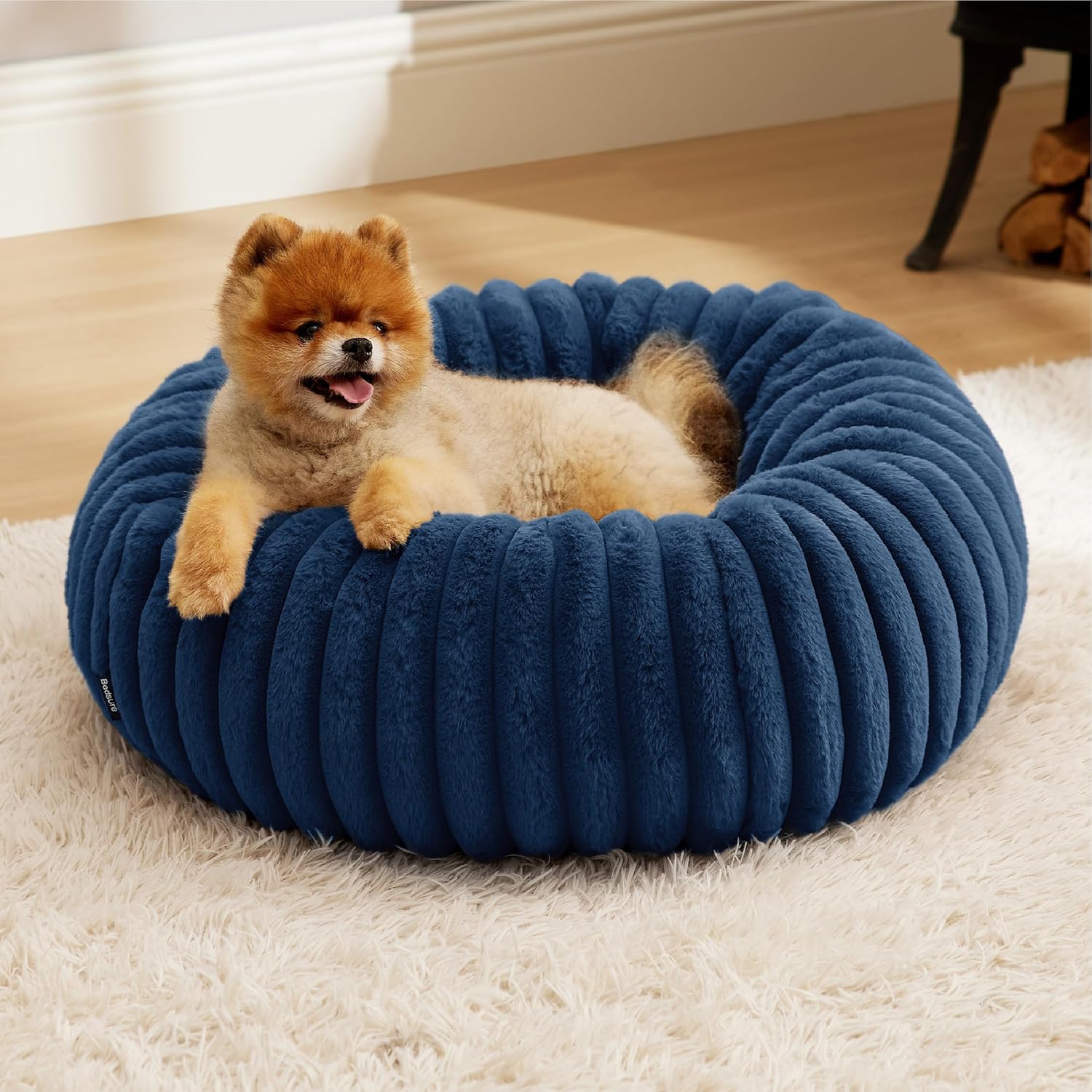 Bedsure Donut Small Dog Bed - Dog Beds for Small Dogs with Corduroy Fleece & Anti Slip Bottom, Round Faux Fur Pet Beds with Washable Removable Cover, Night Blue, 23x23x7 inches S (23x23x7) Night Blue