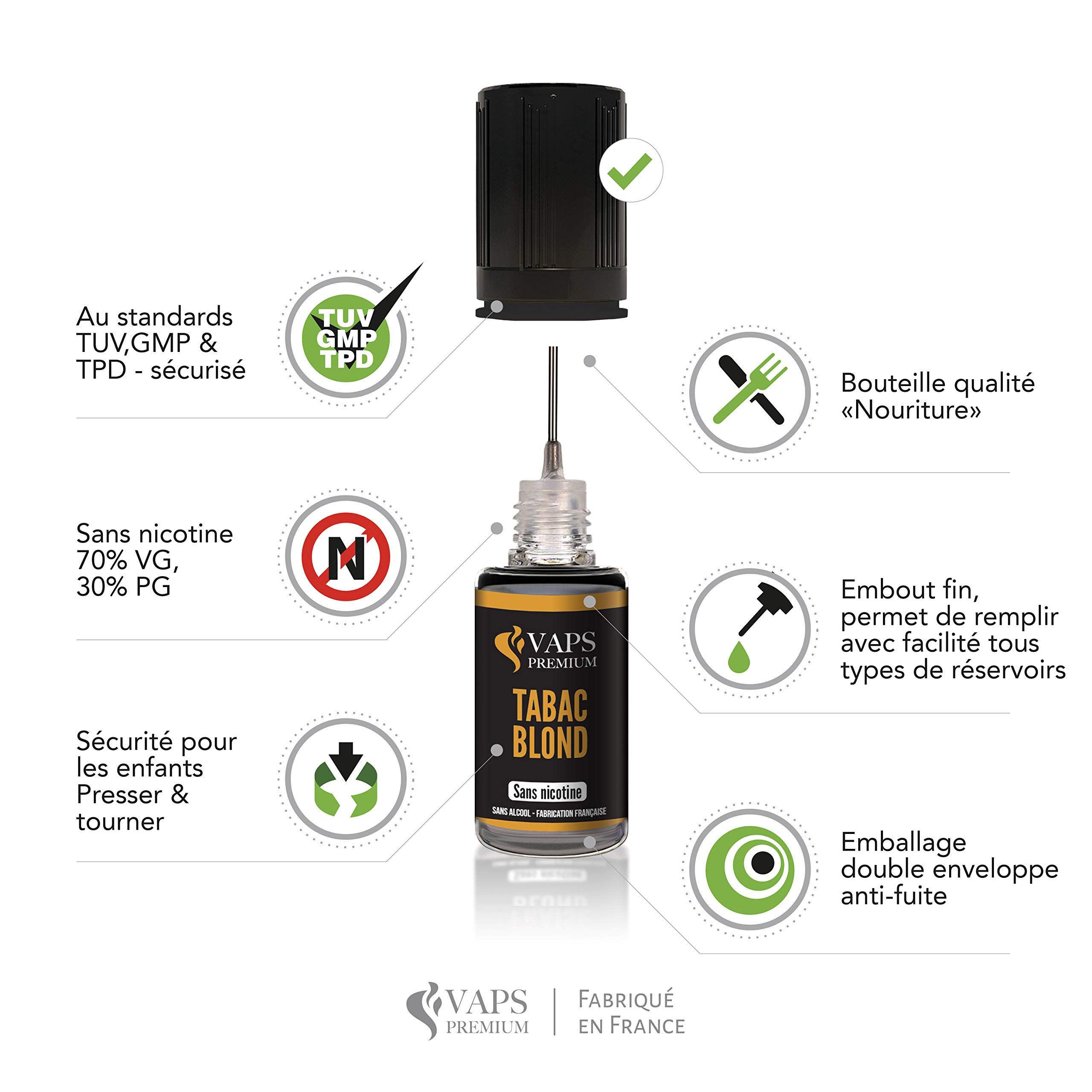 Vaps'Premium - Blond Tobacco E-Liquid - 5 x 10 ml - 00 mg - Made in France  - Electronic Cigarette Refill Liquid - Tobacco Free Nicotine Free :  Amazon.co.uk: Health & Personal Care