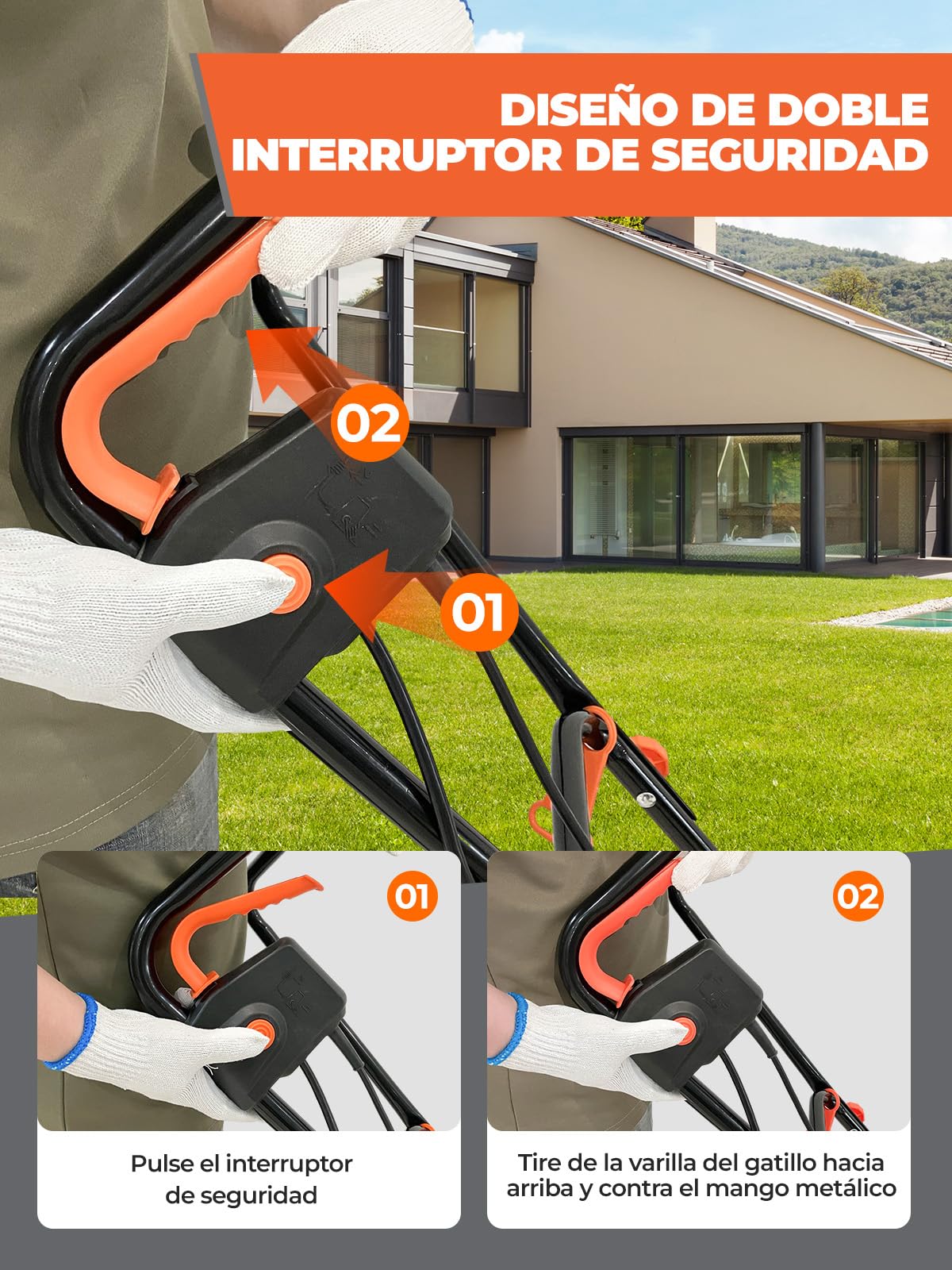 Motoazada 1500W, Ancho de Trabajo 45cm, Profundidad 22cm, Motocultor Ligera con 6×4 Púas de Acero Resistente, Mango Plegable, Doble Botón de Seguridad, Protección contra Sobrecalentamiento