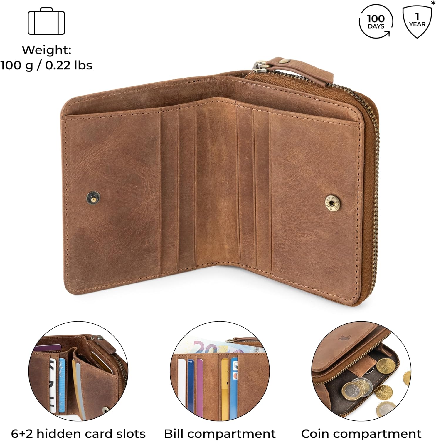 BERLINER BAGS Vintage Genuine Leather Small Wallet for Women Sara, Card Holder, Mini Bifold Wallet for Cash, RFID Blocking, with Zipped Coin Pocket - Brown - Image 4