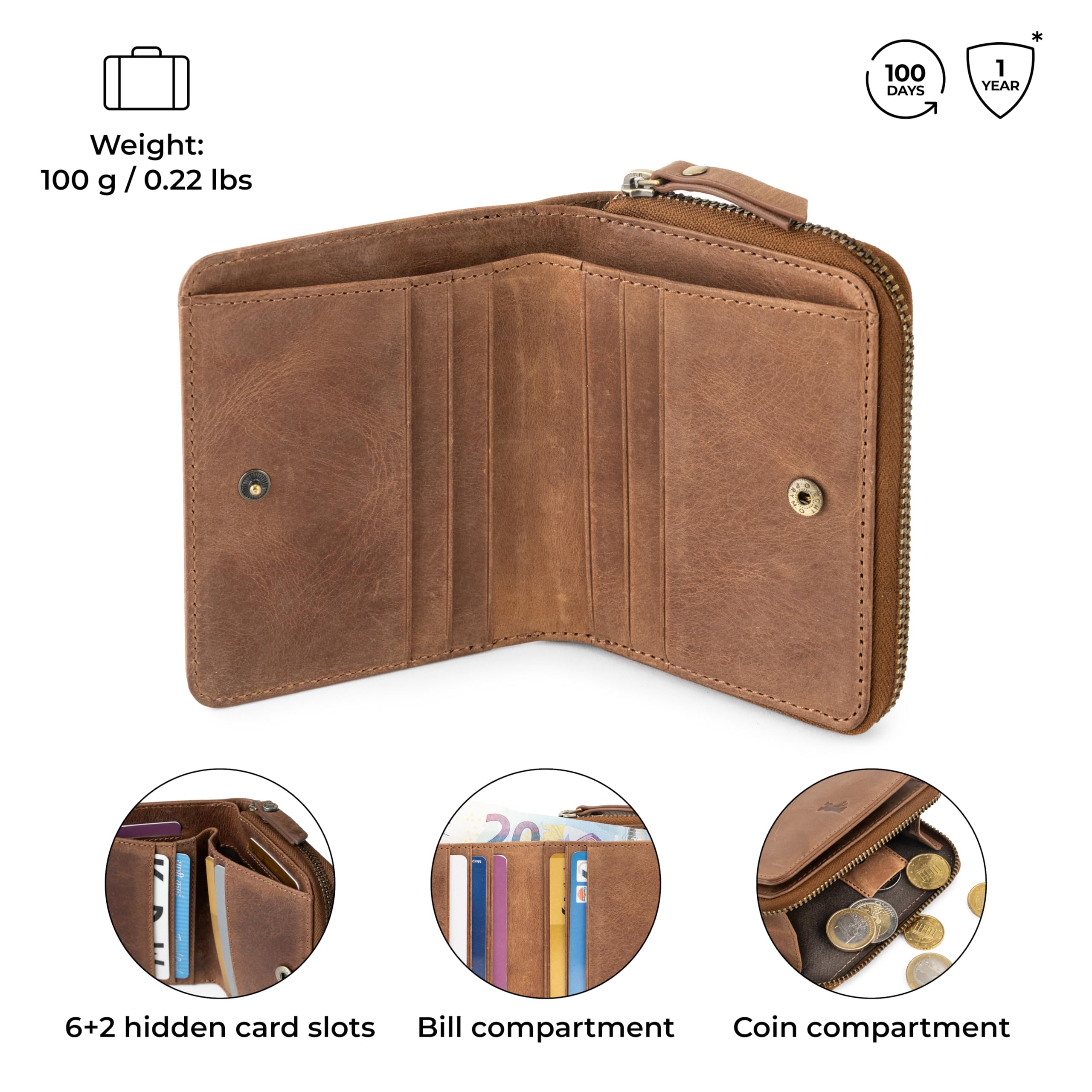 Berliner Bags Portfel Sara, mały portfel, portfel ze skóry, z ochroną RFID z certyfikatem TÜV, w zestawie pudełko na prezent, dla kobiet, brązowy, S, Klasyczny