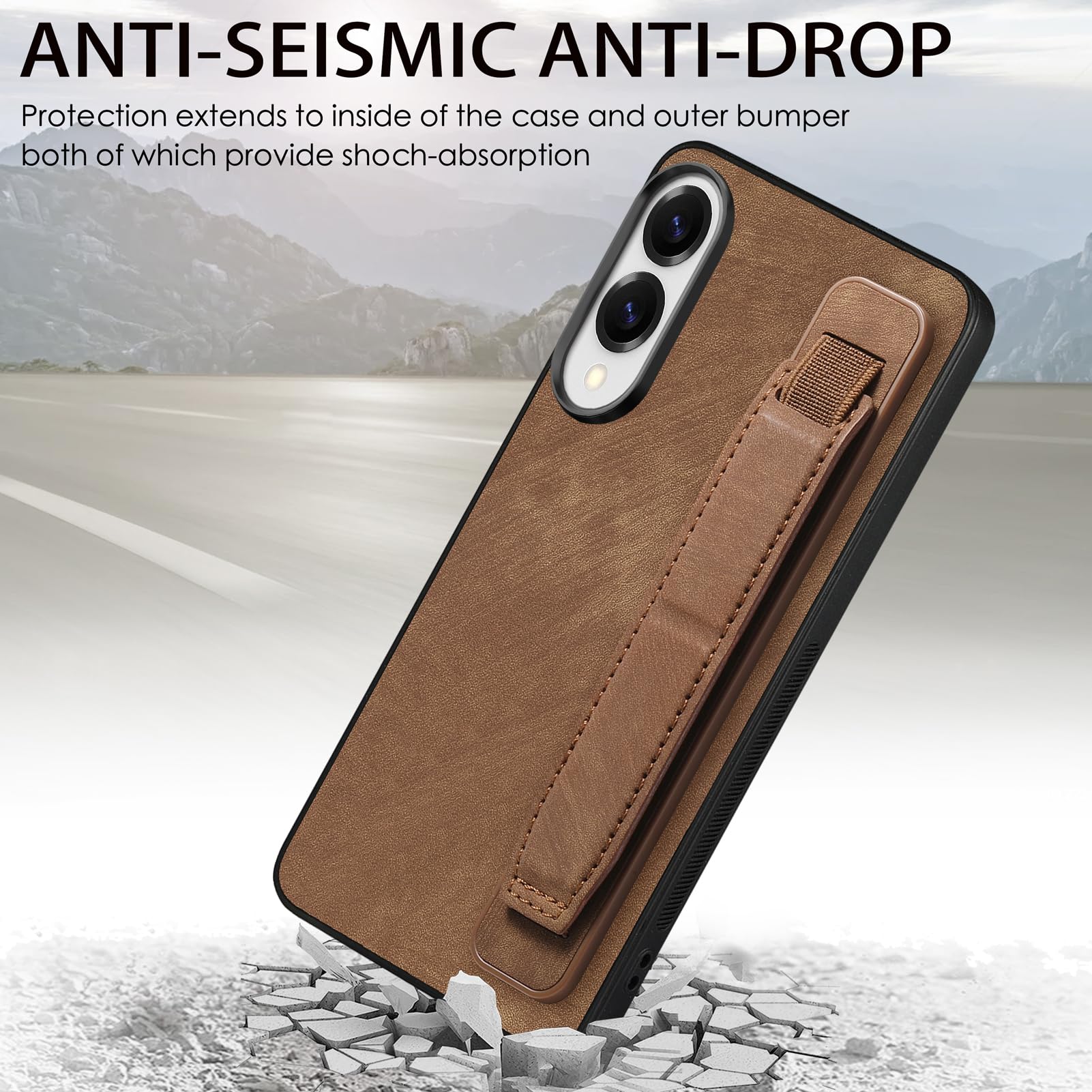 Omio Designed For Galaxy S24 Ultra Leather Case With Stand & Strap, Wrist Strap Leather Back Cover Hard PC Shockproof Finger Grip Case For Galaxy S24 - View #7