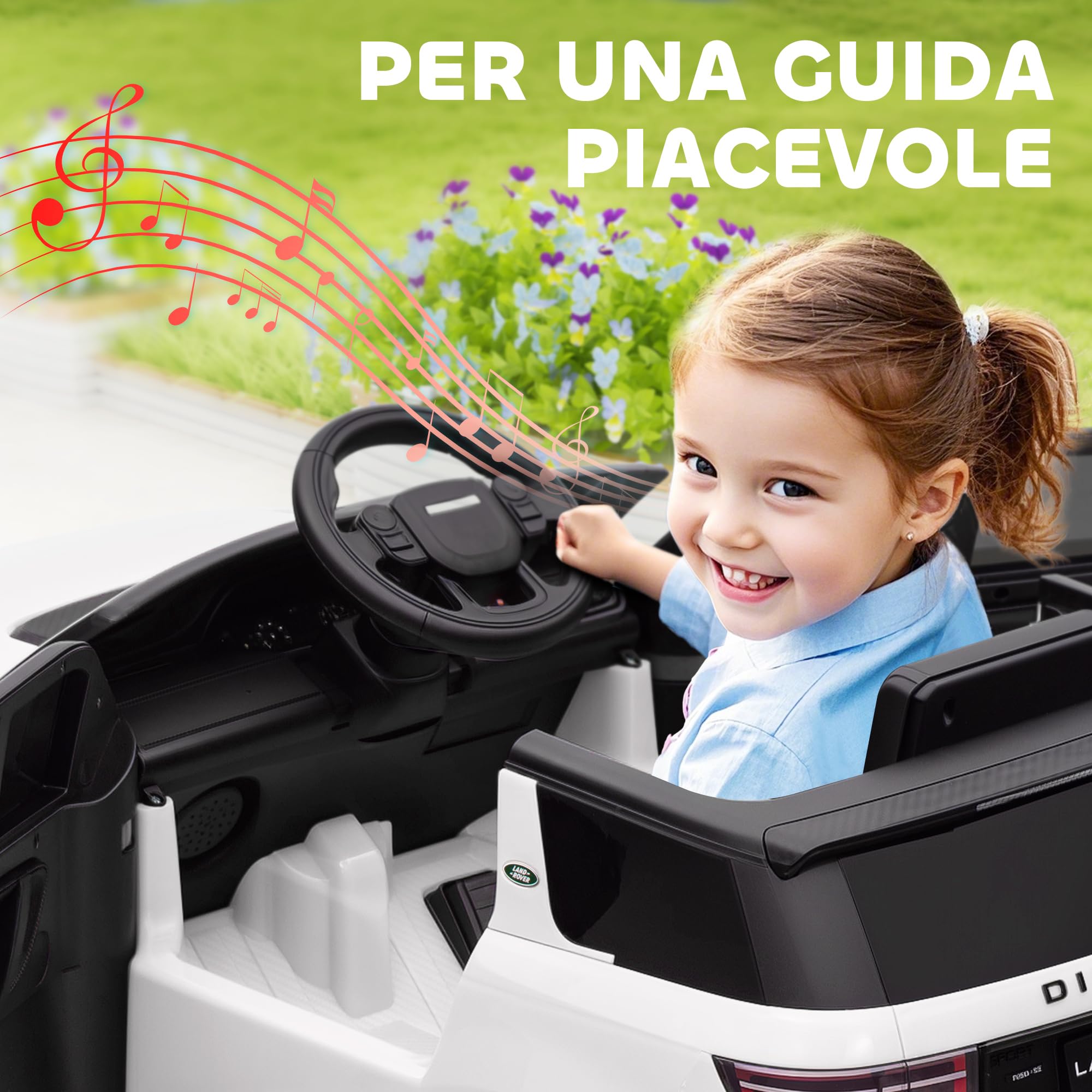 AIYAPLAY Macchina Elettrica per Bambini 3-6 Anni 12V Licenza Land Rover Discovery, 3-5km/h Auto Elettrica per Bambini con 2 Motori, Telecomando, Cintura, Musica, Clacson e Fari, Bianco