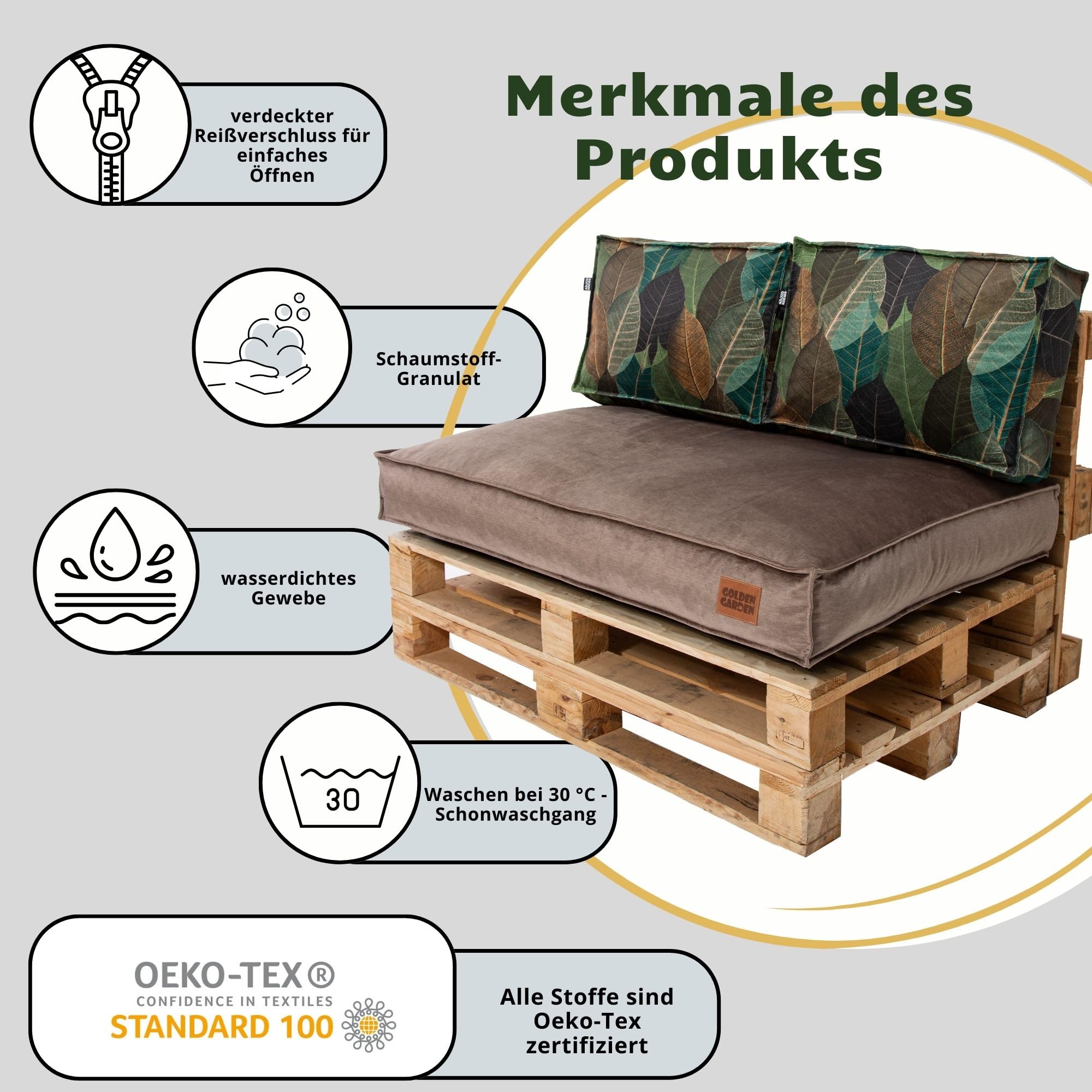 GoldenGroup Gartenset Kissen für Palettenmöbel Cappuccino & Blätter - Polsterstoff - Langlebiges und Wasserdichtes Material - Sitzkissen 120cm x 65cm x 15cm, Rückenkissen 120cm x 40cm x 10cm