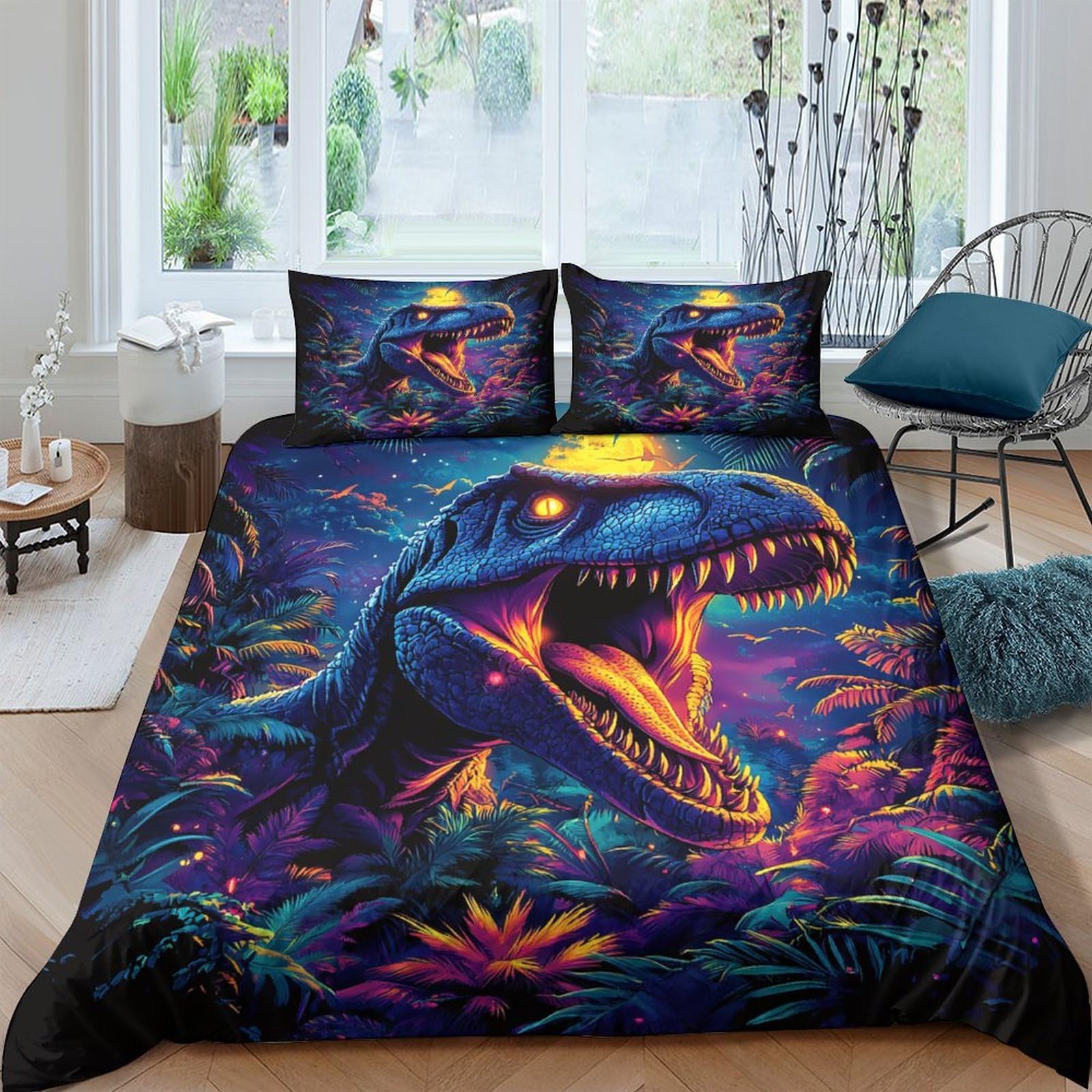Ctjqhvkz Style-1 3D Printed Neon Dinosaur Fitted Sheet Microfiber Soft Breathable Jungle Mattress Cover For Bedroom Dorm Decor Single（135X200cm）