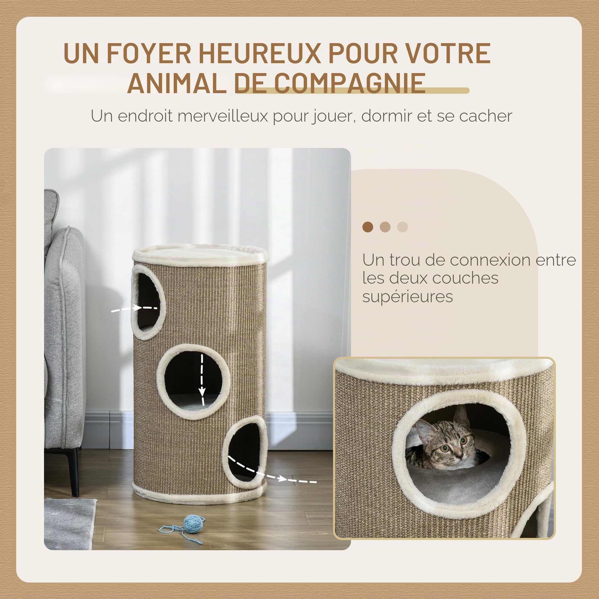 PawHut Tonneau à griffer, hauteur 70 cm, tonneau de jeu pour chats, 3 niveaux, arbre à chat avec 3 cavités, arbre à chat, tour à griffer en sisal, meuble pour chats, peluche, marron