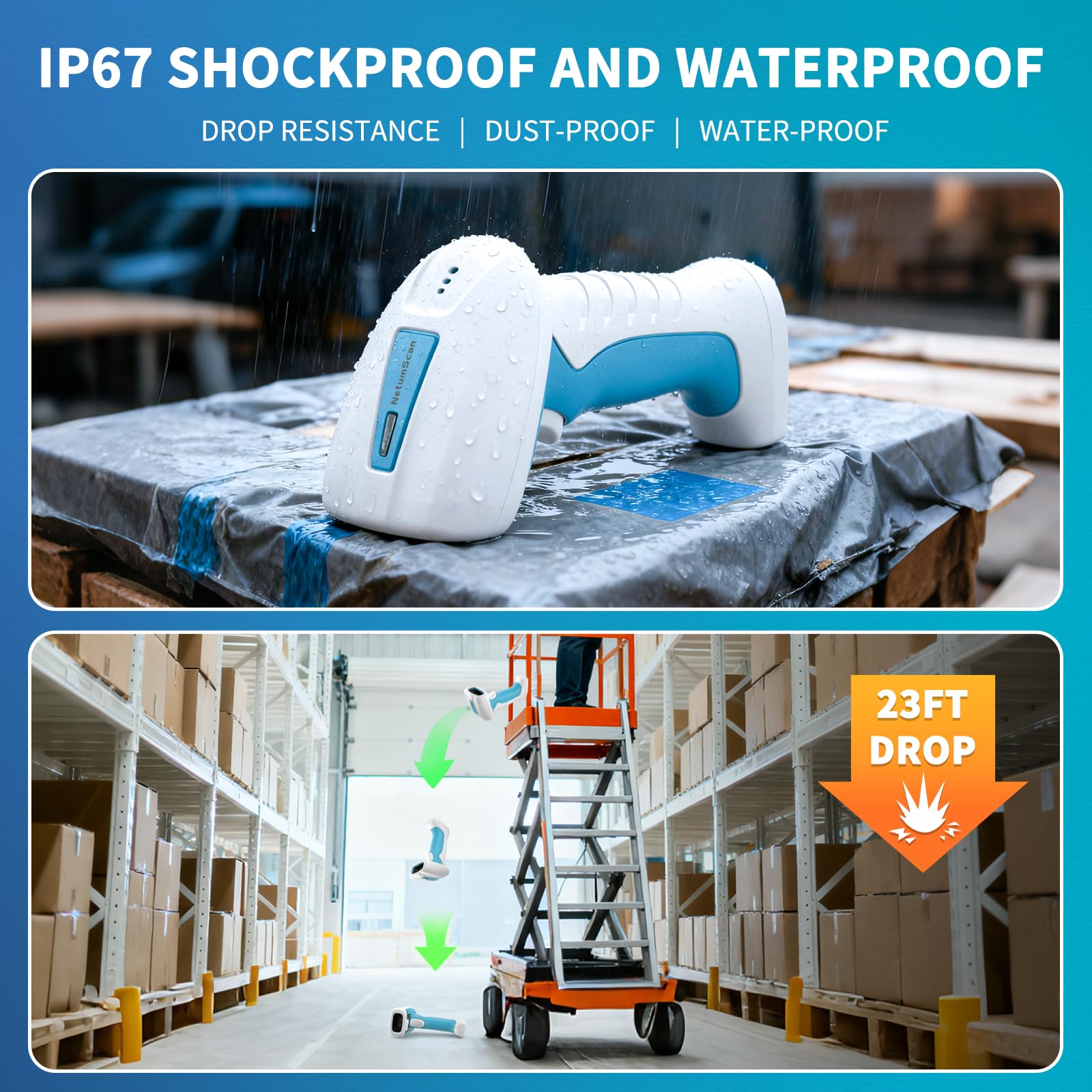 NetumScan Escáner industrial 2D QR código de barras IP67 impermeable a prueba de golpes 2600 mAh manos libres para almacén / minorista / bibliotecas / supermercados compatible con iOS, Android y