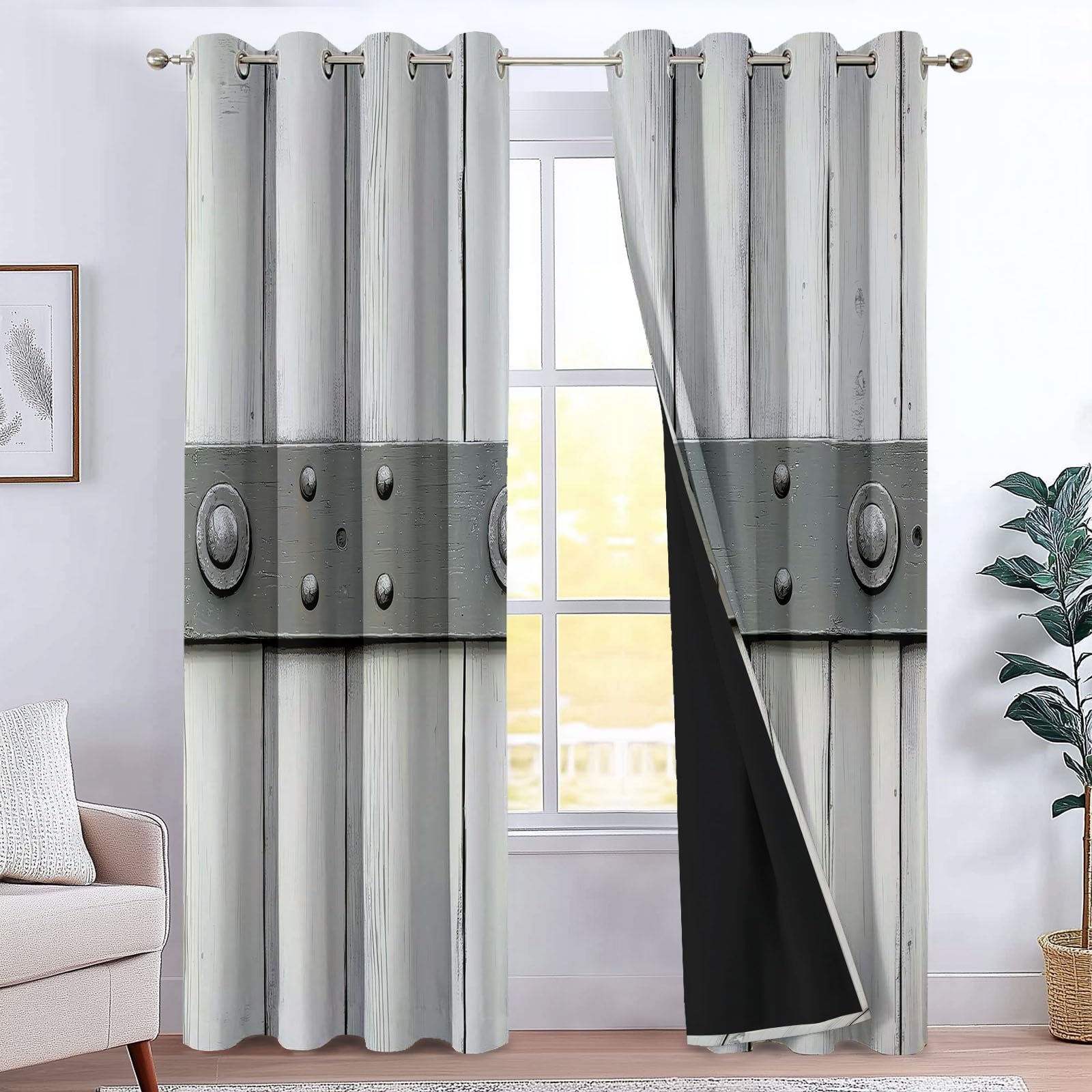 Hellgrau Blickdicht Vorhänge für Wohnzimmer Metall Holz Platte Verdunklungsvorhang mit Ösen, Blickdicht Gardinen Thermovorhang für Schlafzimmer Deko 2er Set, H 260 x B 140 cm
