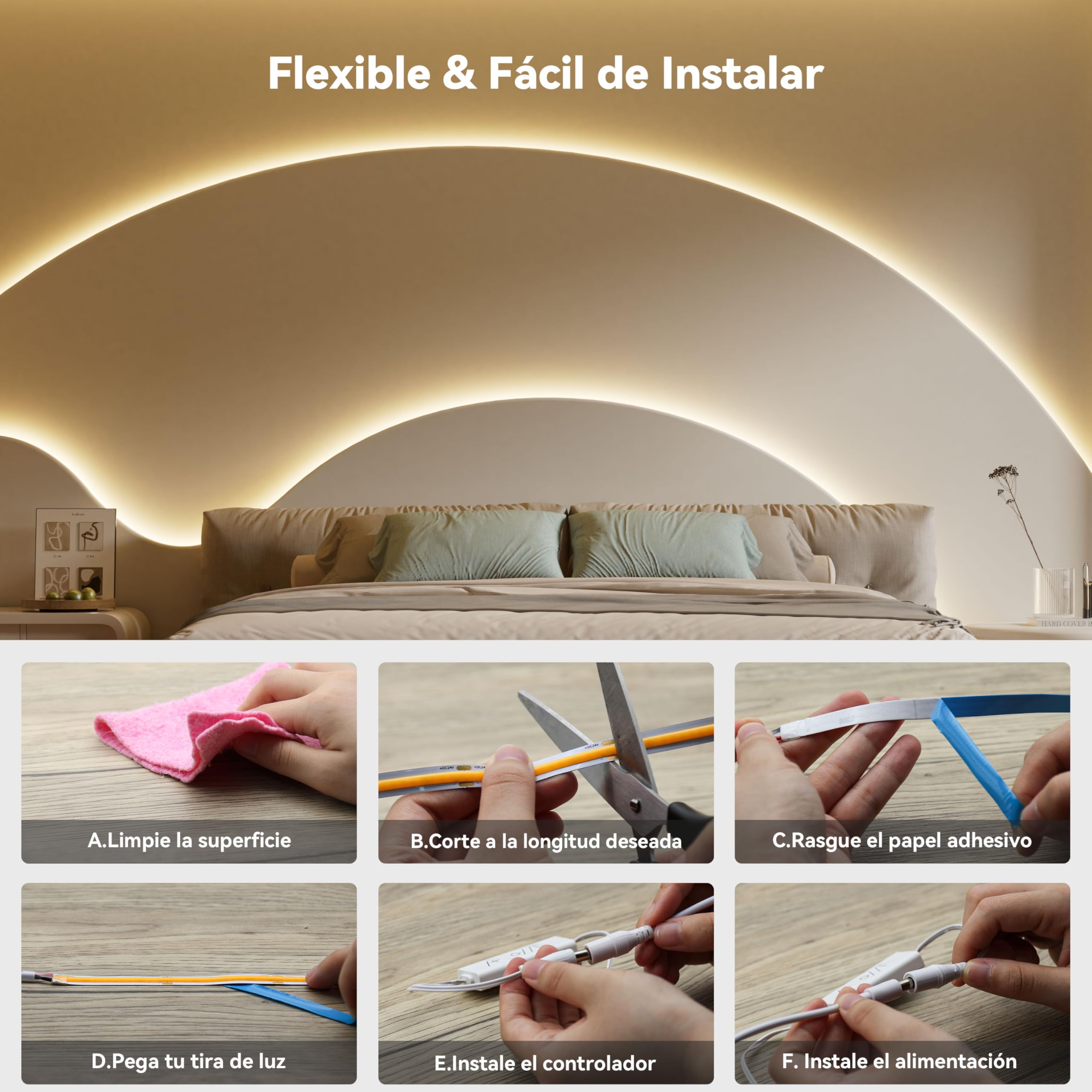 PAUTIX Tira de luces LED COB 3000K blanco cálido, 5m 480LEDs/M kit de tira de luces LED regulables,24V Superbrillante luces de cinta LED con control remoto RF de 18teclas para hogar bricolaje