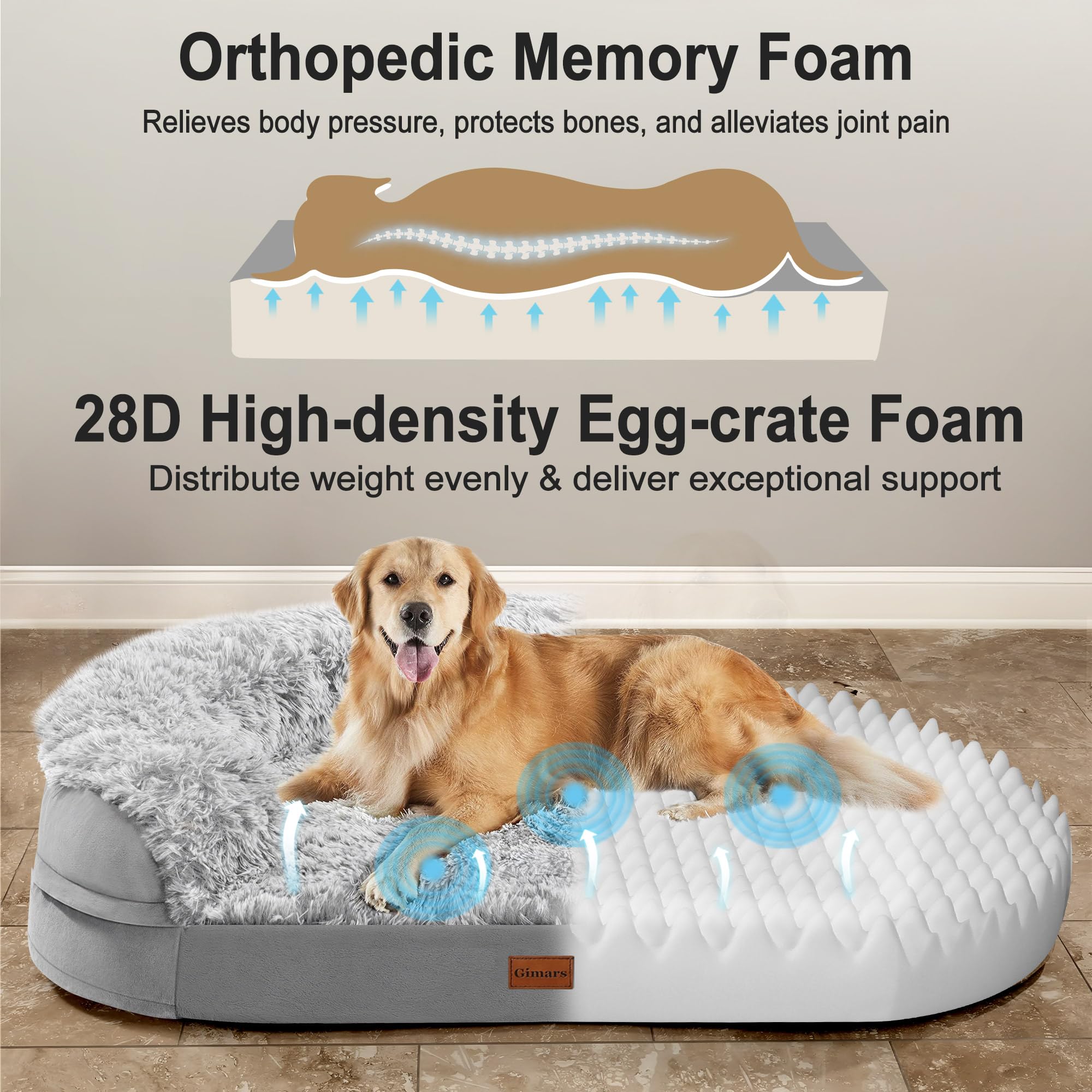 Gimars 9,5 cm Dickes XL Orthopädisches Hundebett für Sehr Grosse Hunde, Stützendes Hundesofa mit 28D Eierkarton-Schaum, Abnehmbarer Waschbar Plüschbezug, wasserdichte Innenhülle, Halbrund
