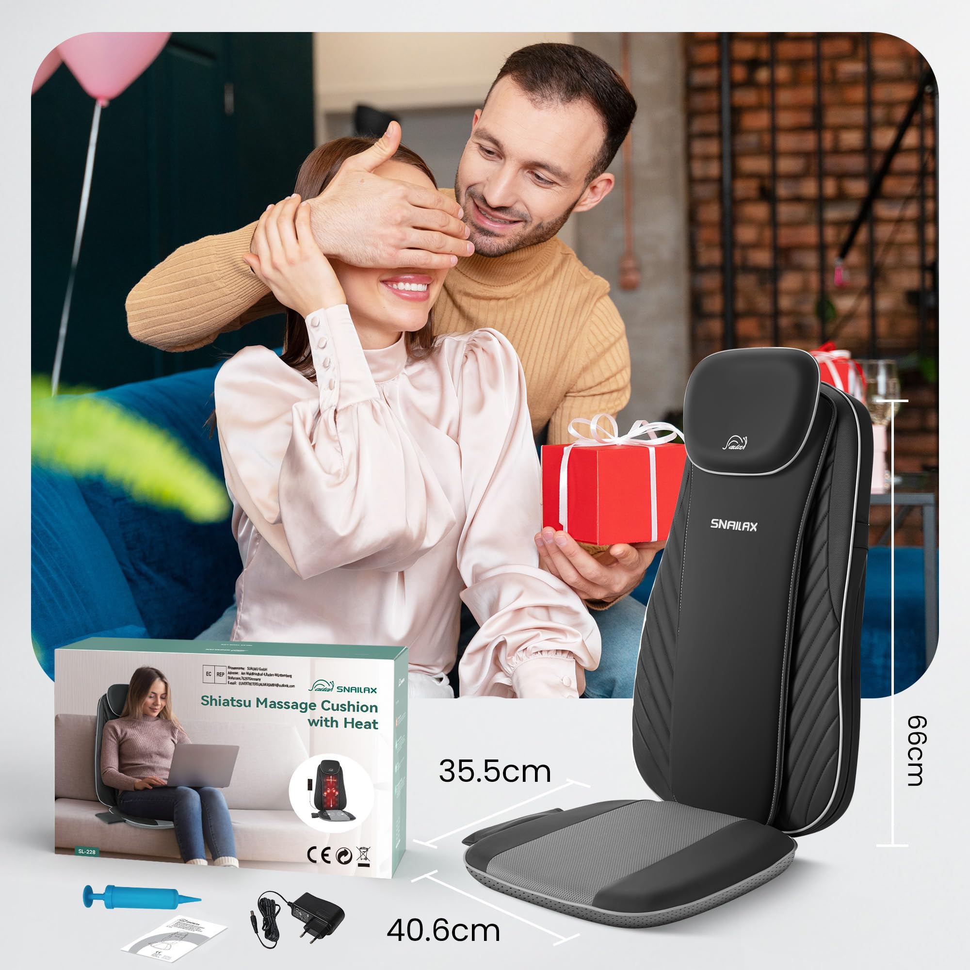 Snailax Shiatsu Massagesitzauflage mit Wärme- und Vibrationsfunktion, Massageauflage für Nacken und Schulter, Rückenmassaggerät, Geschenke für Männer Frauen