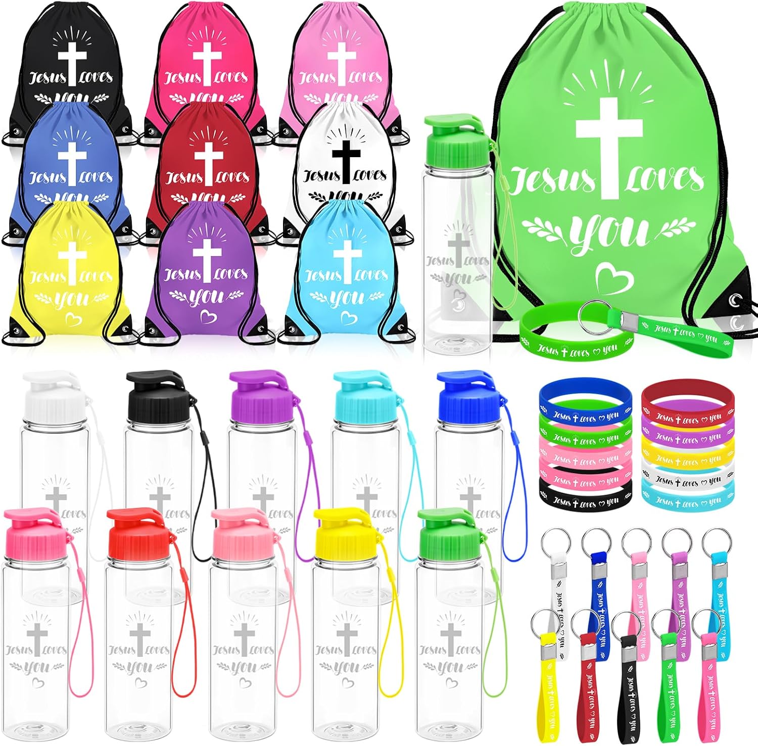 40Pcs Jesus Loves You Christian Party Favors Includes Drawstring Backpacks Sport Bottles Bible Verse Bracelets and Keychains, Church Supplies for Sunday School Baptism Easter Religious Gatherings