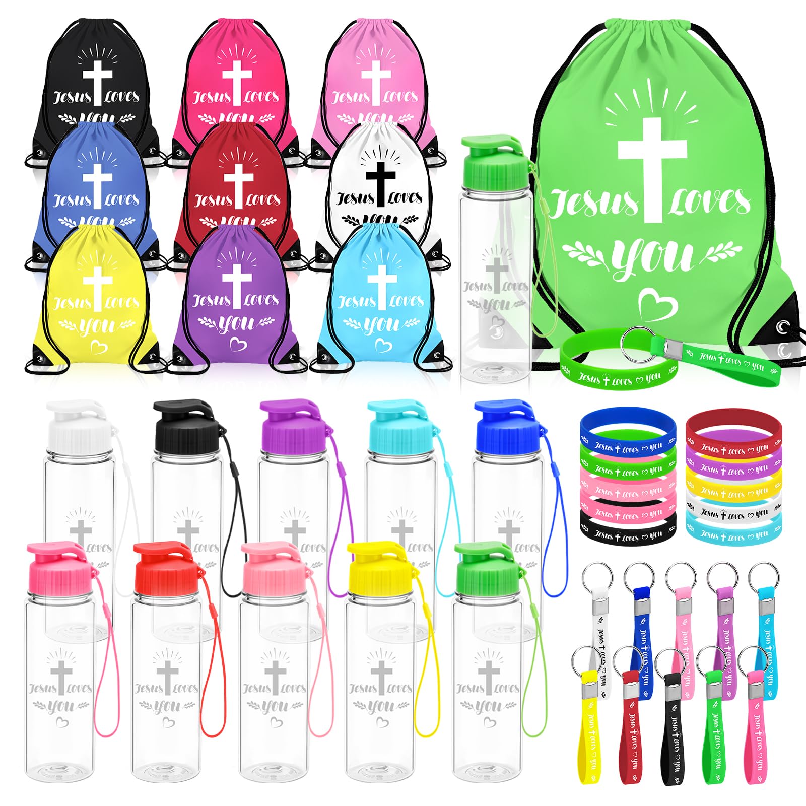 40Pcs Jesus Loves You Christian Party Favors Church Gifts Bulk Includes Drawstring Backpacks Sport Bottles Bracelets and Keychains for Church Supplies Sunday School Baptism Easter Religious Gatherings