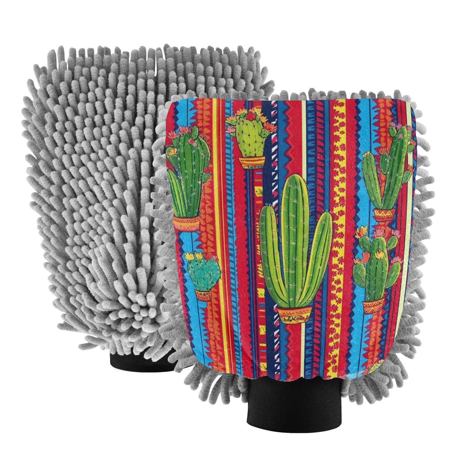 STAYTOP Mexican Striped Style and Cactus Car Wash Mitt Microfiber, 2Pcs Scratch Free Lint-Free, Premium Chenille Microfiber Mitt Car Wash Brush-L