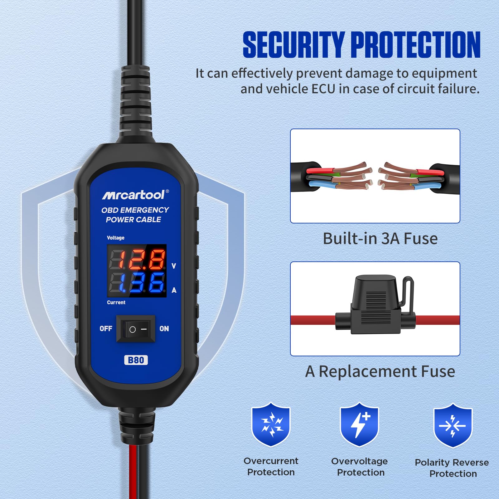 MRCARTOOL OBDII Zasilanie awaryjne do ochrony jednostki sterującej pojazdu (ECU), wyświetlanie napięcia i prądu, wielokrotna ochrona, odpowiednie do wymiany akumulatorów samochodowych