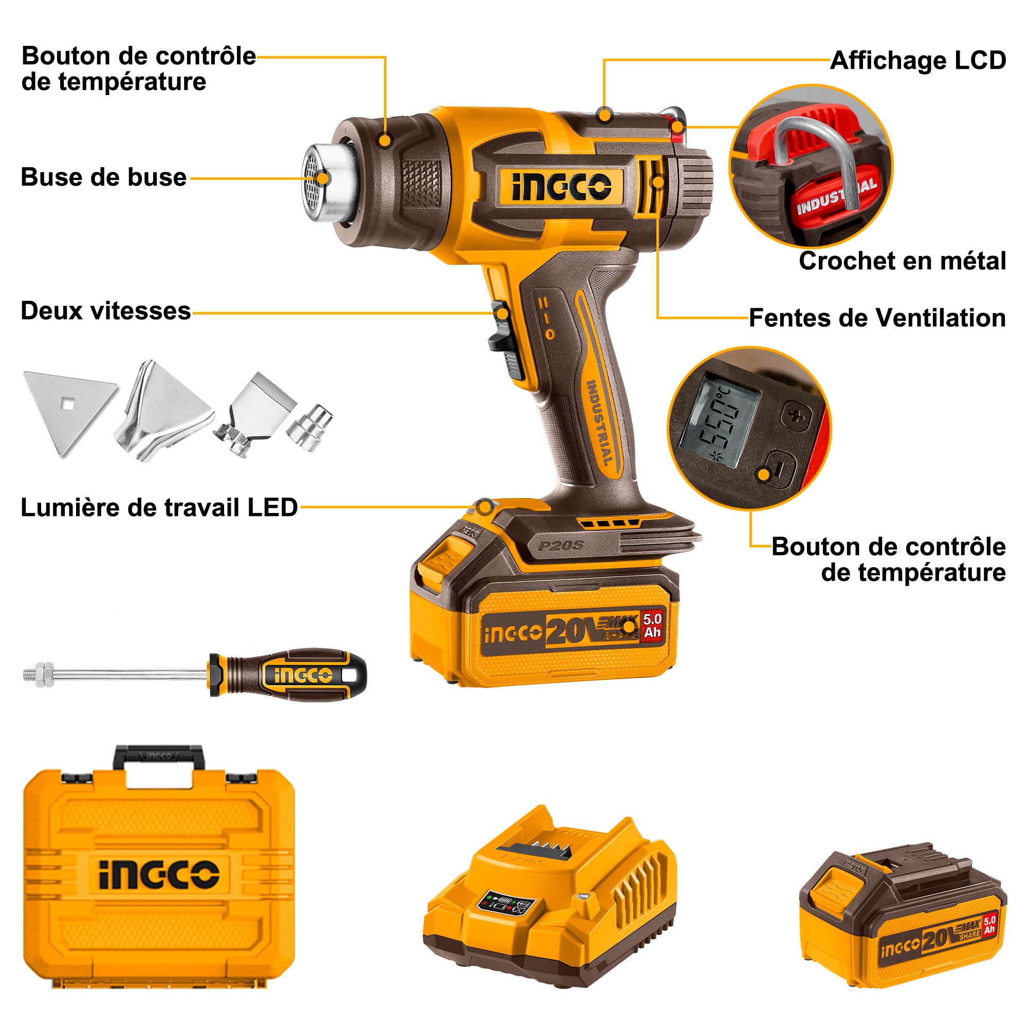 INGCO Pistolet à Air Chaud Sans Fil 20V, Contrôle de Température Variable, 30-550 °C, Affichage Numérique LCD, Decapeur Thermique Portable avec Batterie 5,0 Ah pour Travaux Manuels HGLI20035