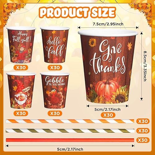 Miniatura 2 de Sliner 150 vasos de papel de Acción de Gracias de 9 onzas, desechables, taza de café de Hello Fall con pajita, pavo y hojas de arce, taza para beber