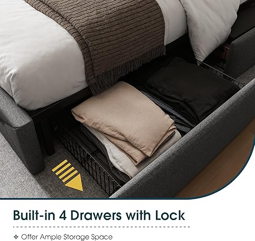 Miniatura 5 de WEEWAY Base de cama Queen con 4 cajones, plataforma tamaño Queen con cabecera capitoné con botón de costura de diamante, marco de cama tamaño Queen
