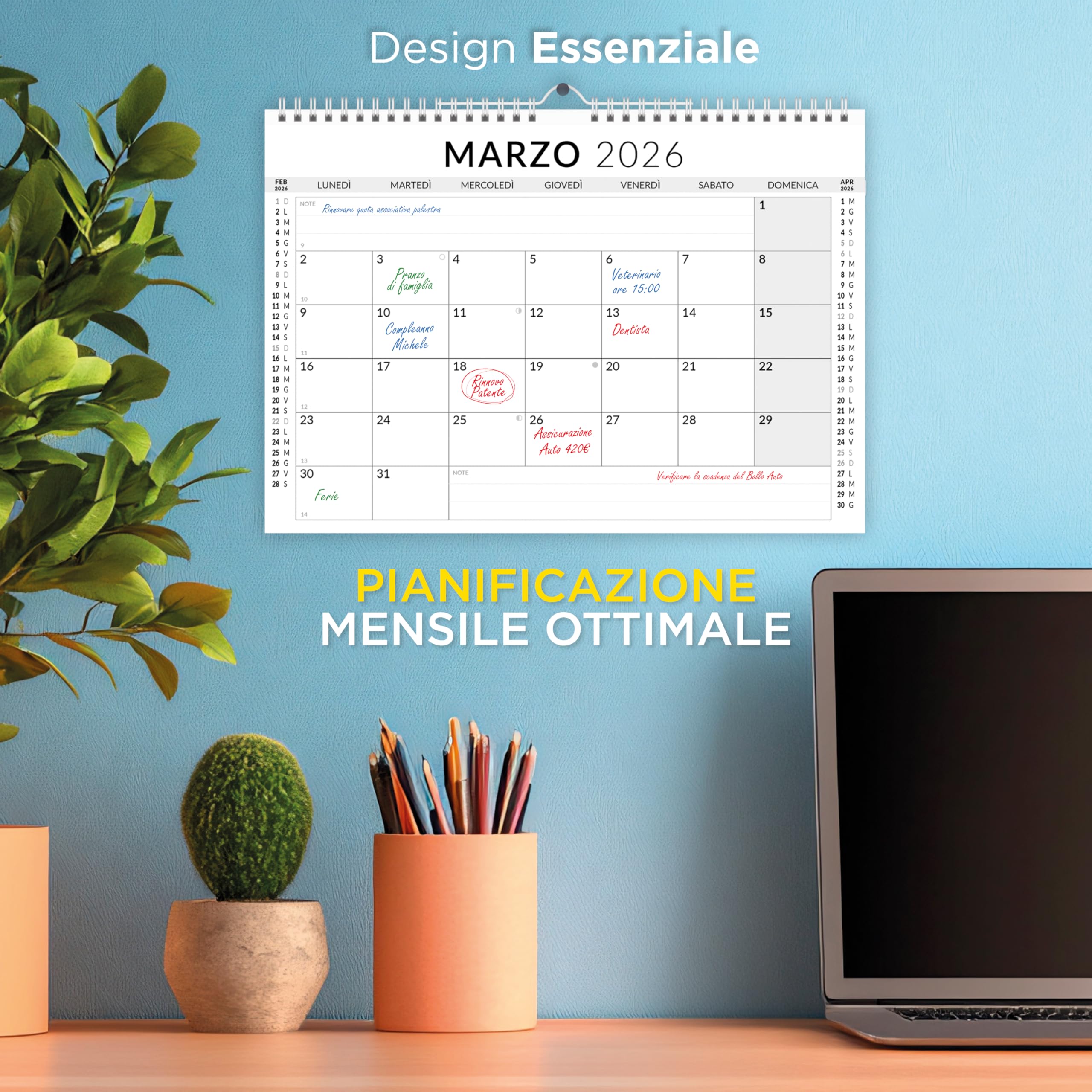 Calendario 2026 Slim - Formati A4, A3, A1 - Planner Mensile Per Scrivania O Parete
