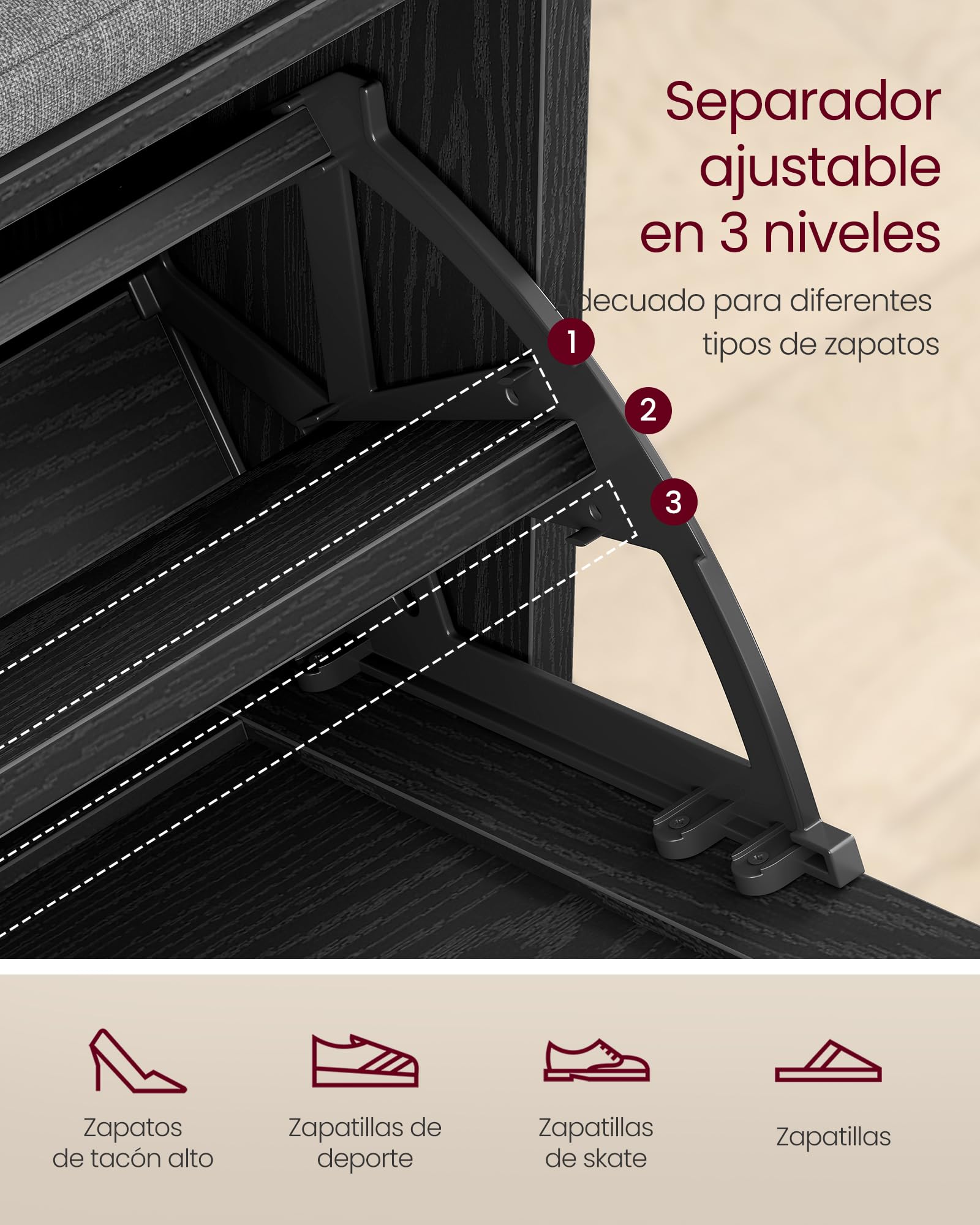 VASAGLE Banco Zapatero Acolchado, Mueble de Recibidor de 3 Niveles para 6 Pares de Zapatos, Cajón Abatible, 30 x 60 x 53,5 cm, para Entrada, Dormitorio, Negro Ébano y Gris Pizarra LSB121BE01