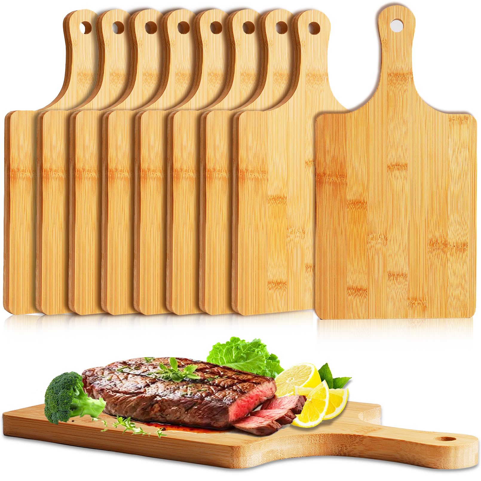 10 tablas de cortar de madera con asa, tabla de cortar de cocina de madera de 13.8 x 7 pulgadas, tabla de cortar de bambú a granel, tabla de servir para queso, pizza, pan, tablas de