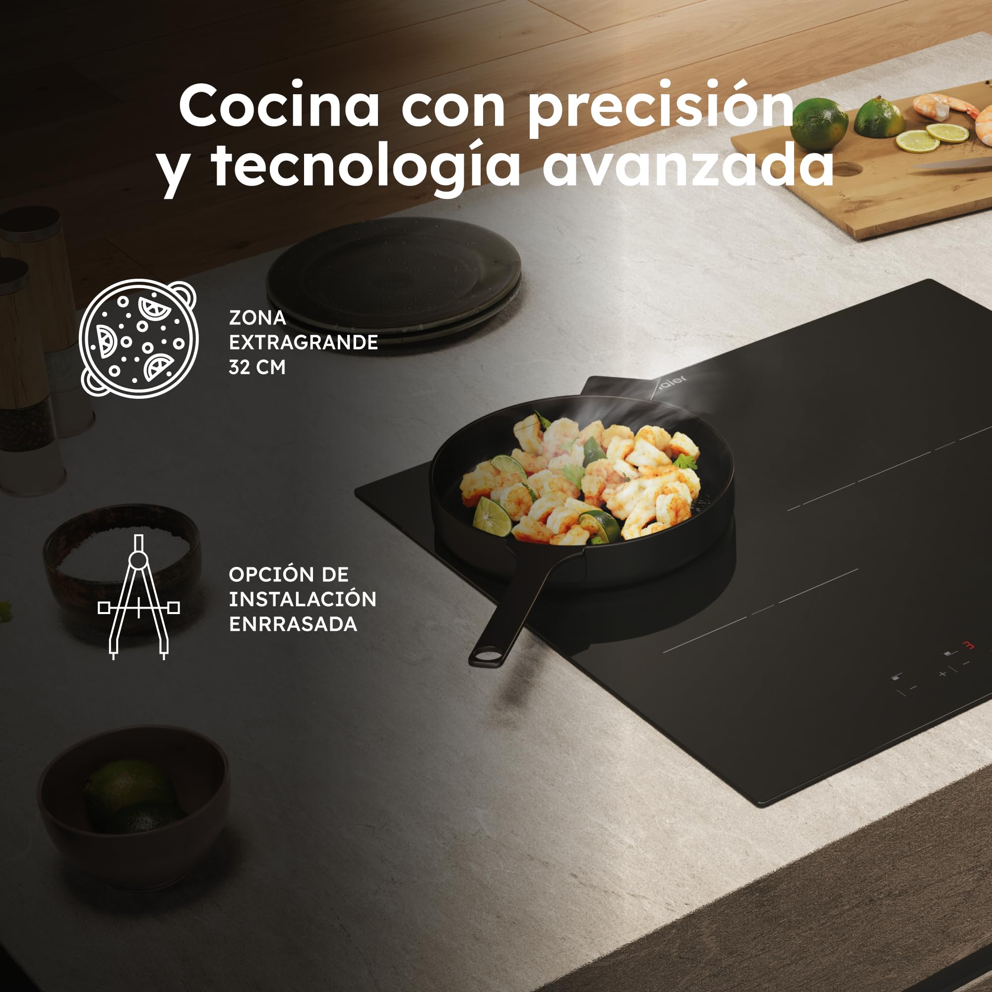 Haier Series 2 HAI63DC Placa de Inducción, 3 Zonas de Cocción, Ancho 60cm, Controles Independientes, 9 niveles de potencia + Booster, Zona Paellera de 32cm, Potencia 7,1kW, Negro