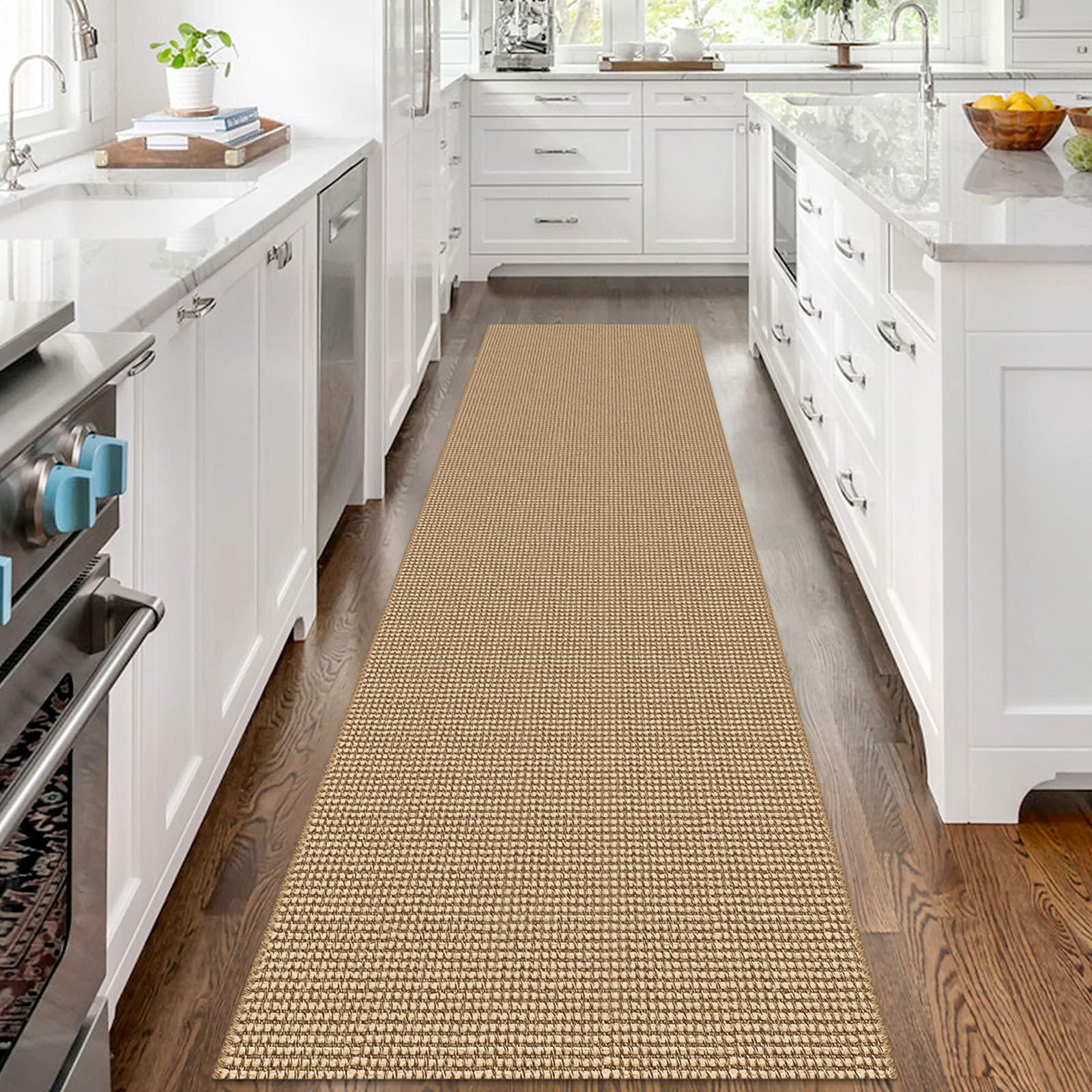 IOHOUZE Washable Kitchen Runner Rug 2.6'x8' Rubber Backing Hallway Runner Entryway Runner Indoor, Farmhouse Natural Boho Jute Rugs Low Pile Cotton Floor Carpet for Kitchen Hallway Entryway Bedside