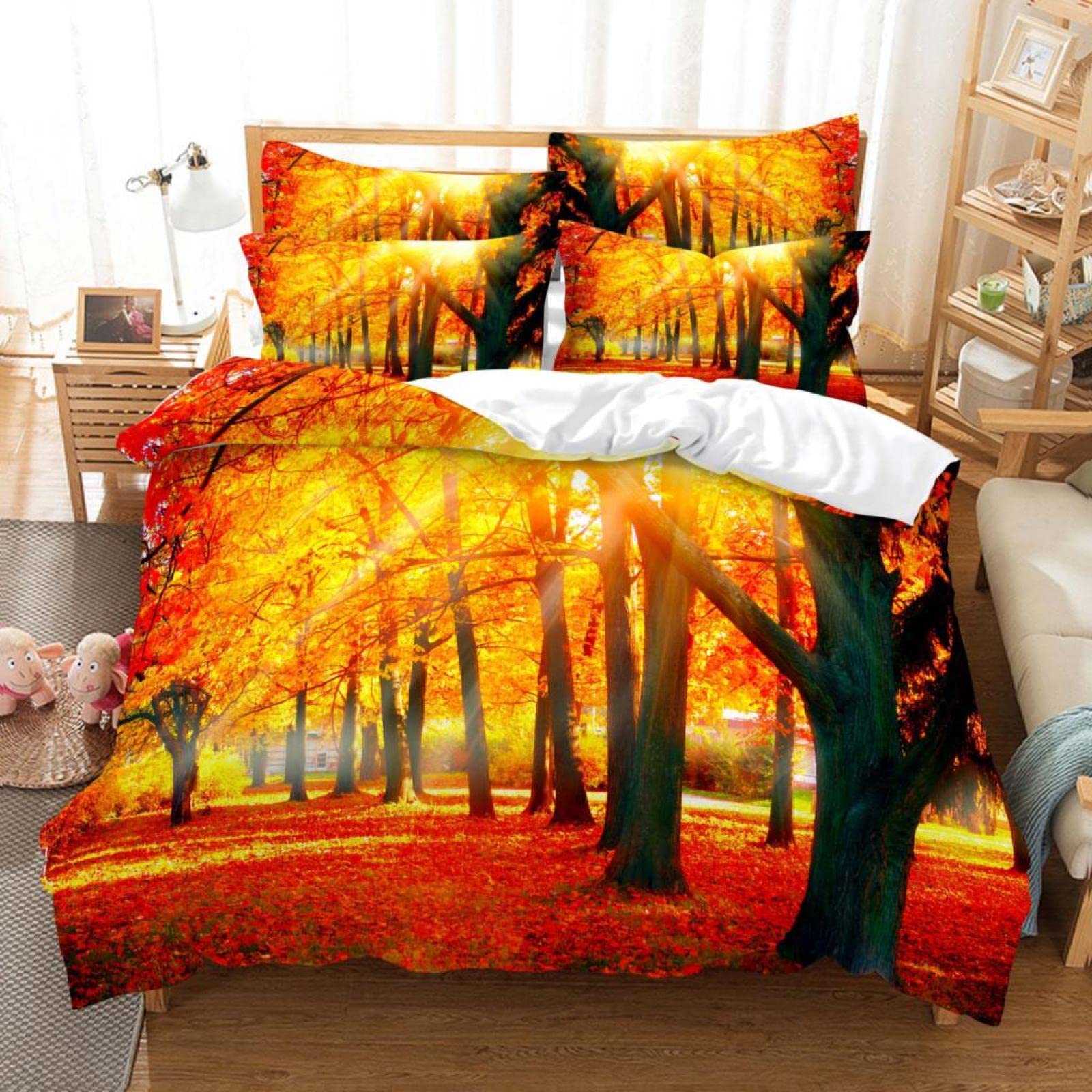 Housse de couette 90x190 microfibre douce 110g/㎡ motif bois jaunes enfant