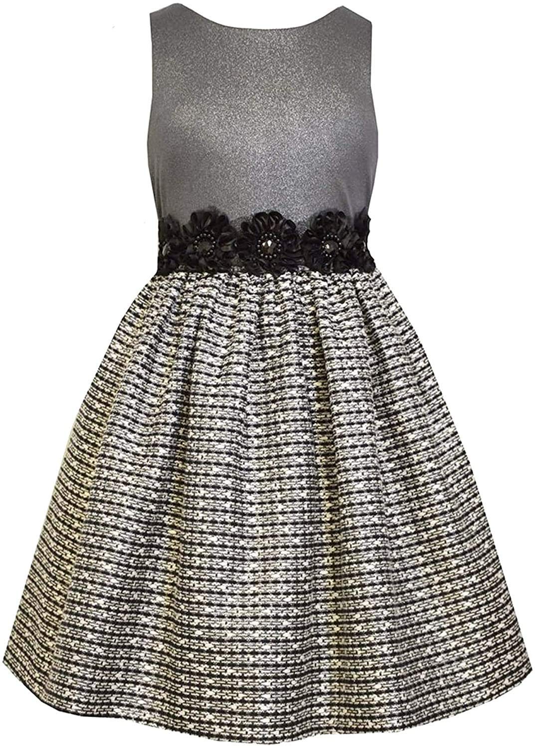 Girls 4-16 Silver Shimmer Knit to Metallic Tweed Social Dress