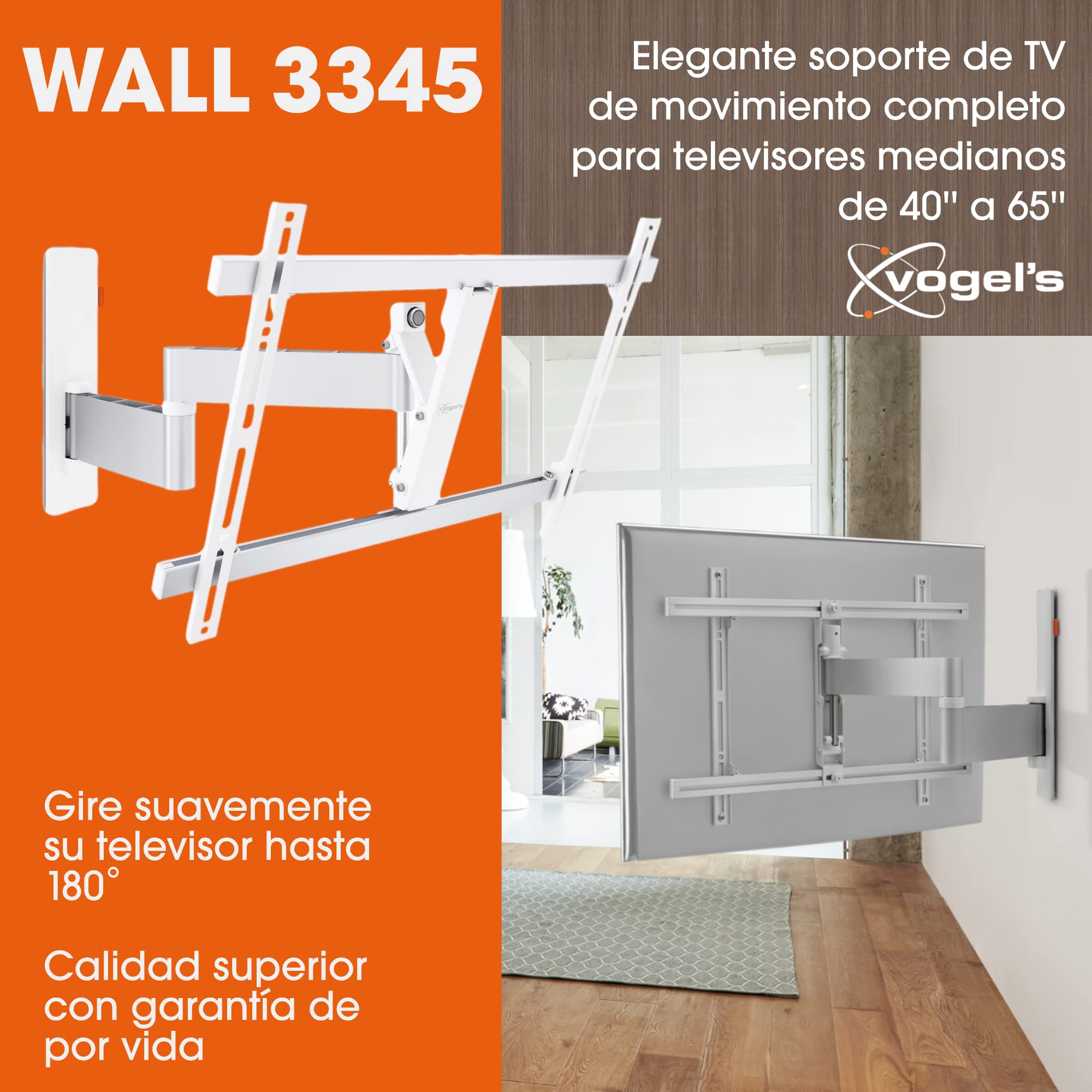 Vogel's Wall 3345 Soporte de Pared para TV, Inclinable y Giratorio 180º, para televisores de Entre 40-65 Pulgadas (102-165 cm), Blanco, Máx. 30 kg, VESA Máx. 600x400, Certificación TÜV