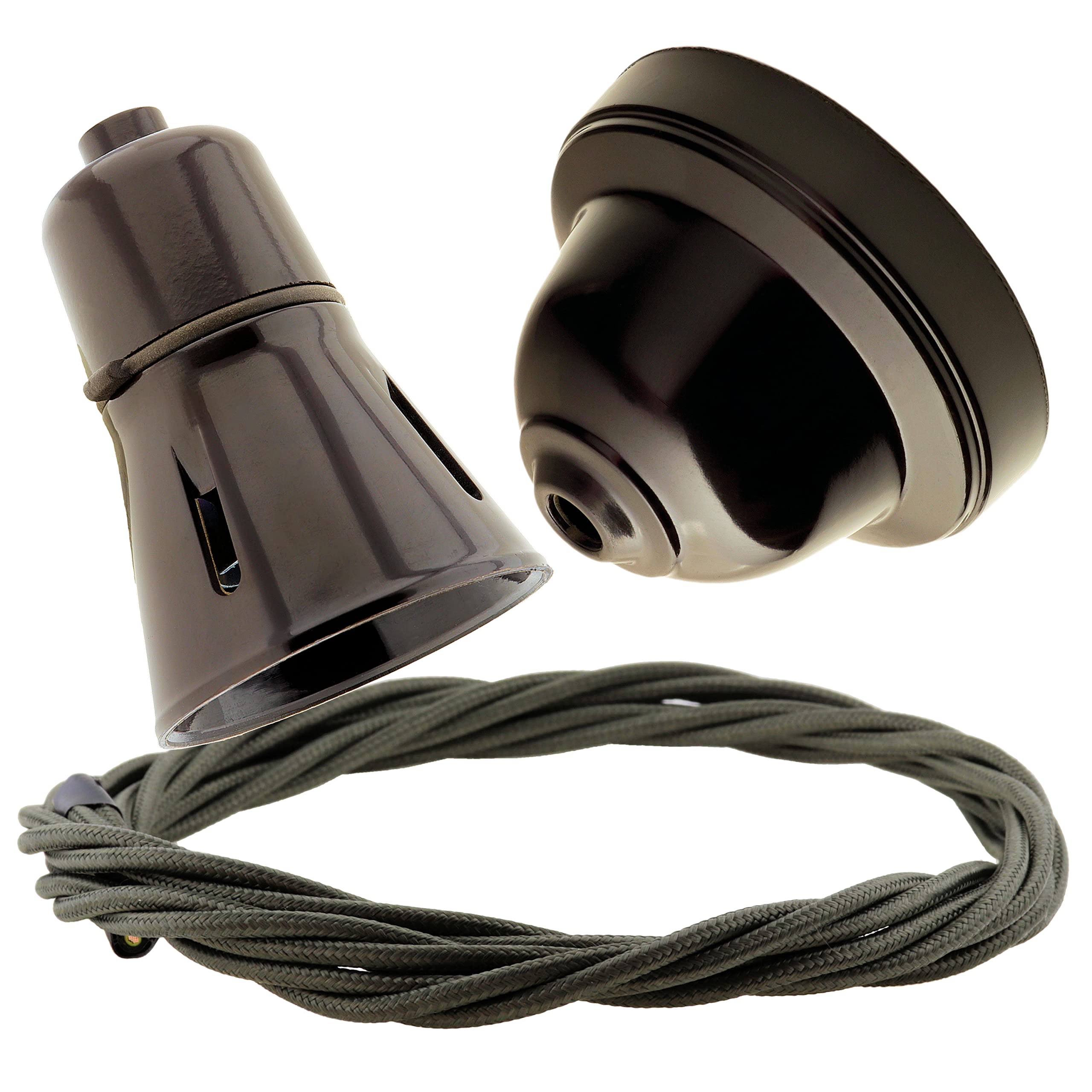 Repaireum Ltd. Vintage Styled Ceiling Pendant Kit incl. Brown Bakelite Rose, Traditional B22 Lampholder and 3 Core Khaki Green Braided Twisted Flex