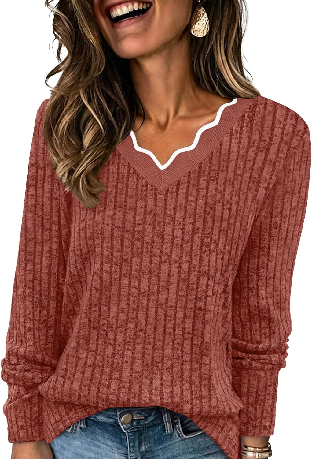 WIHOLL Long Sleeve Womens Shirts Lightweight Fall Tunic Top V Neck Sweaters