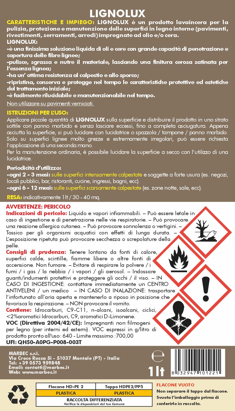 MARBEC LIGNOLUX 1LT Lavaincera specifico per la pulizia, protezione e manutenzione delle superfici in legno interne impregnate a olio e/o cera.