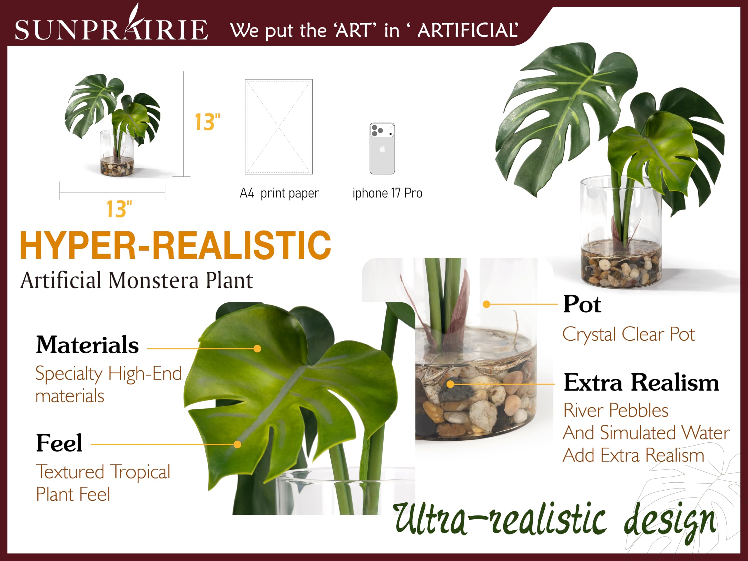 SUNPRAIRIE Plante artificielle réaliste en pot transparent avec de l'eau artificielle, larges feuilles de monstera, plantes artificielles d'intérieur et d'extérieur