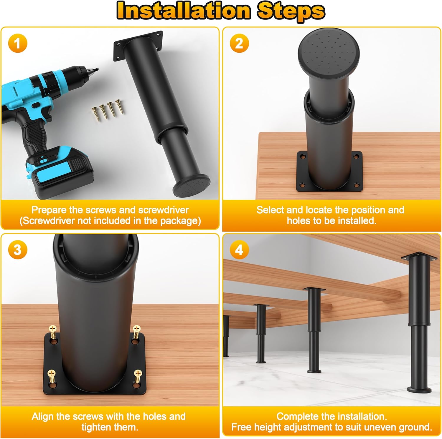 4 Pcs Adjustable Bed Support Legs for Bed Frame/Bed Center Slat, Metal Adjustable Furniture Legs 7.08-13 inch for Bed/Sofa/Cabinet/Couch/Dresser/Table, Thickened Heavy Bed Replacement Legs