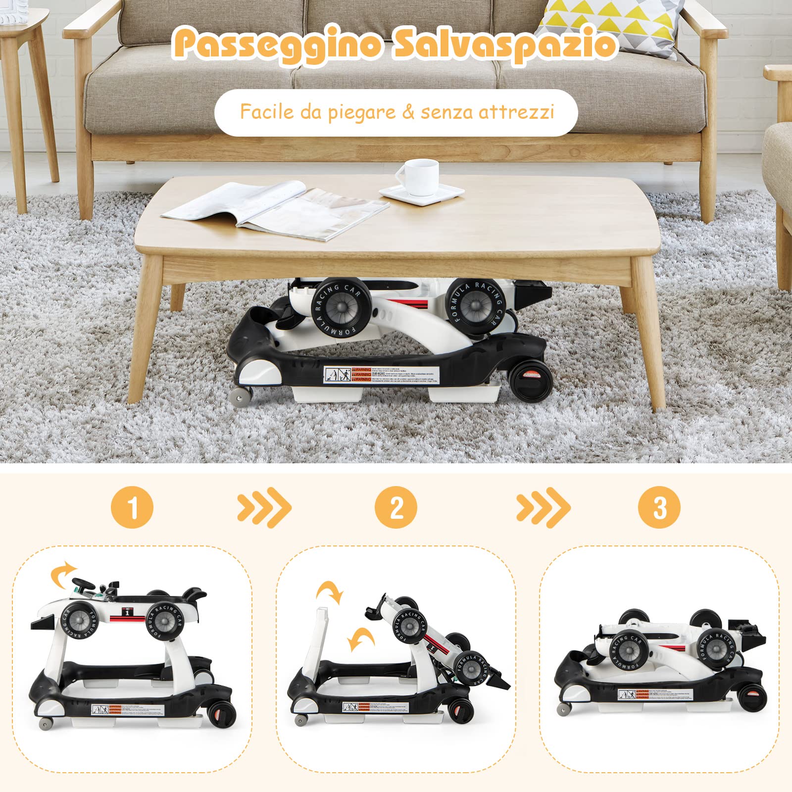 GYMAX Girello per Bambini 4 in 1 a Spinta, Girello Primi Passi Pieghevole con Altezza e Velocità Regolabile, con Luci e Suoni per Bambini 6-18 Mesi, Portata 12 kg, 73 x 64 x 55,5 cm (bianco)