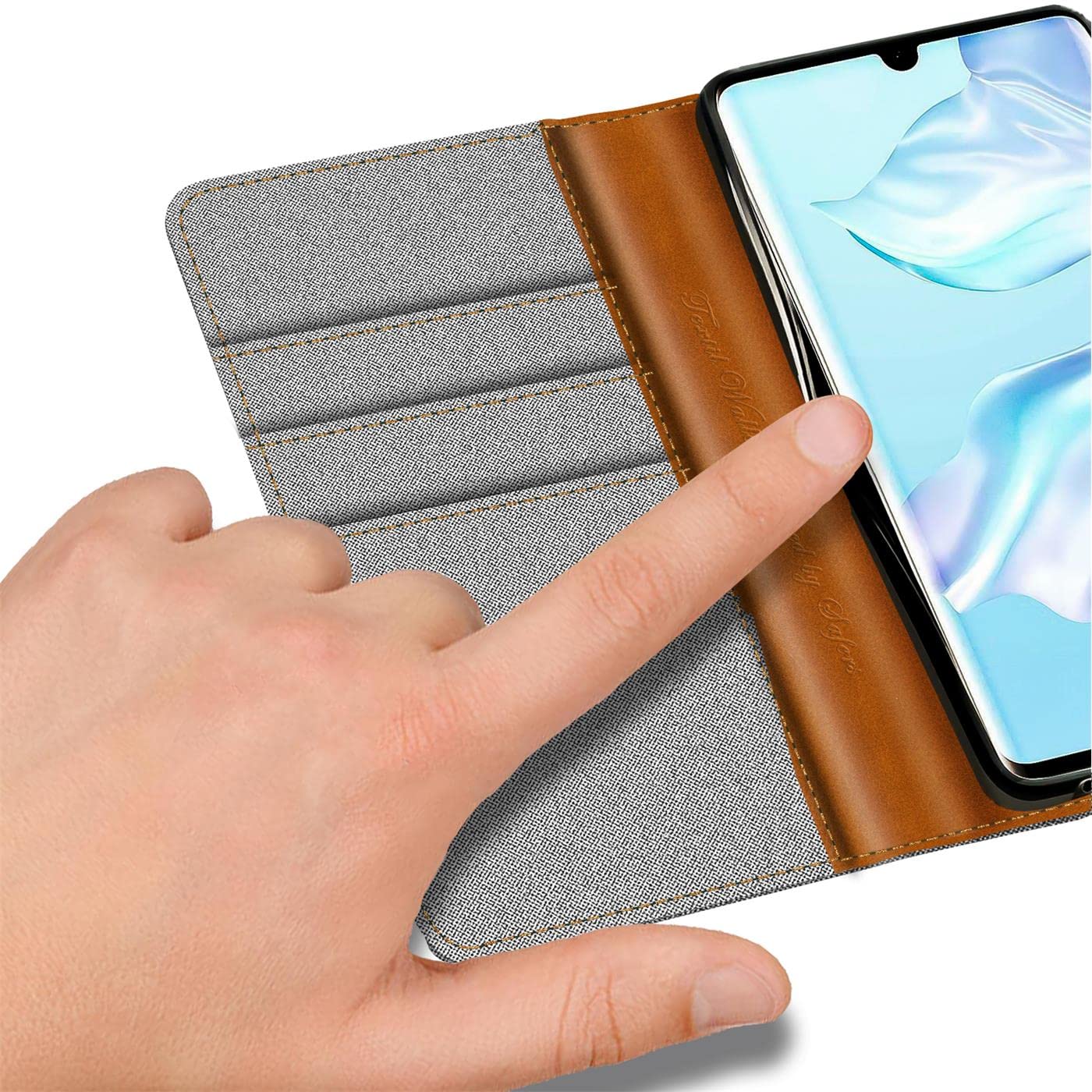 Verco Phone Wallet Case compatible with the Huawei P30, Canvas Faux Leather Book Cover for the P30 Flip Case Bag Hinged - Grey - Image 3