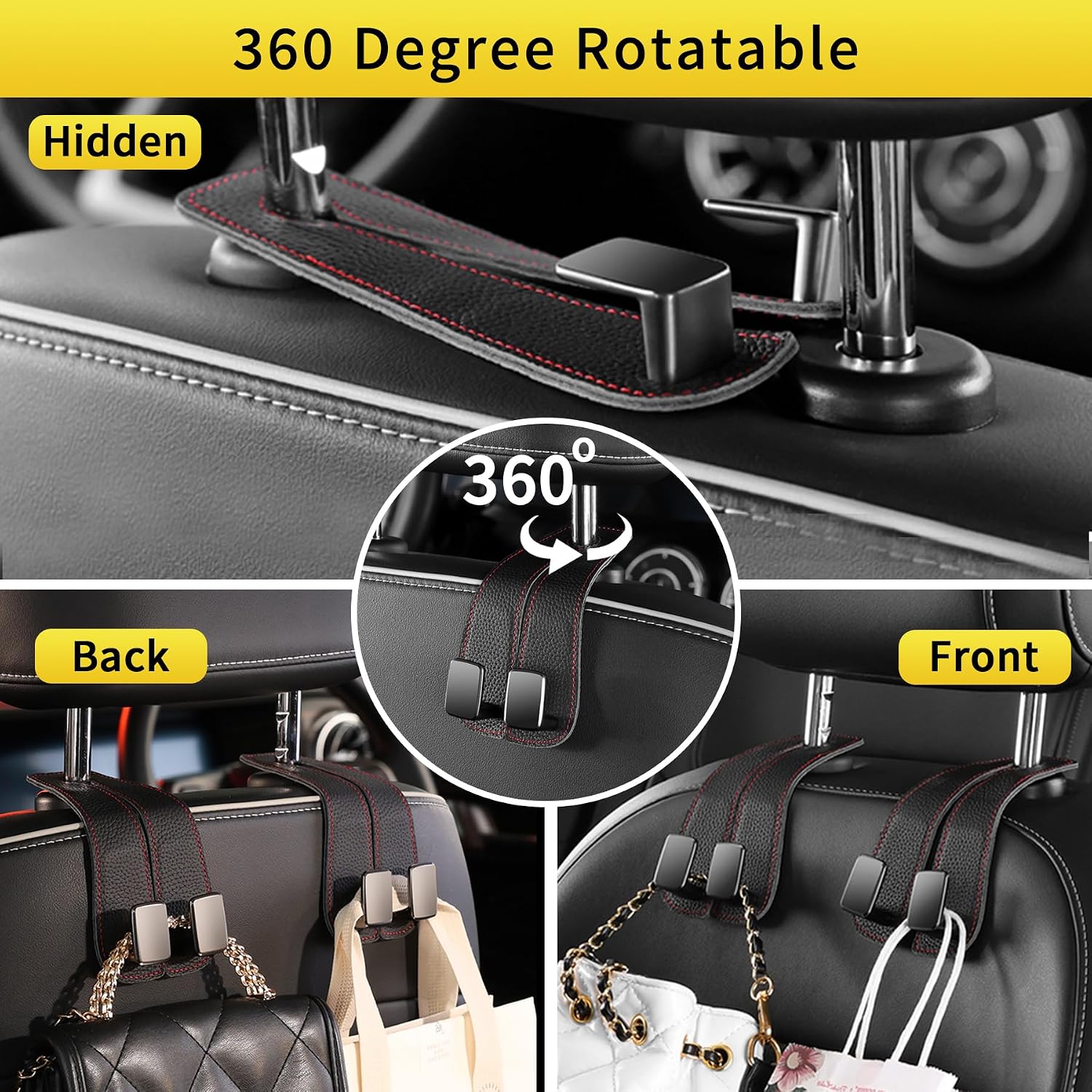 WEIHAO Car Purse Hook, Genuine Leather Car Seat Back Storage Hook, Purse Hook for Car Headrest, Twin Hook Leather Car Headrest Hangers, Bag Hook for Car, Trucks, SUVs, Most Vehicles (Black-2 PCS)